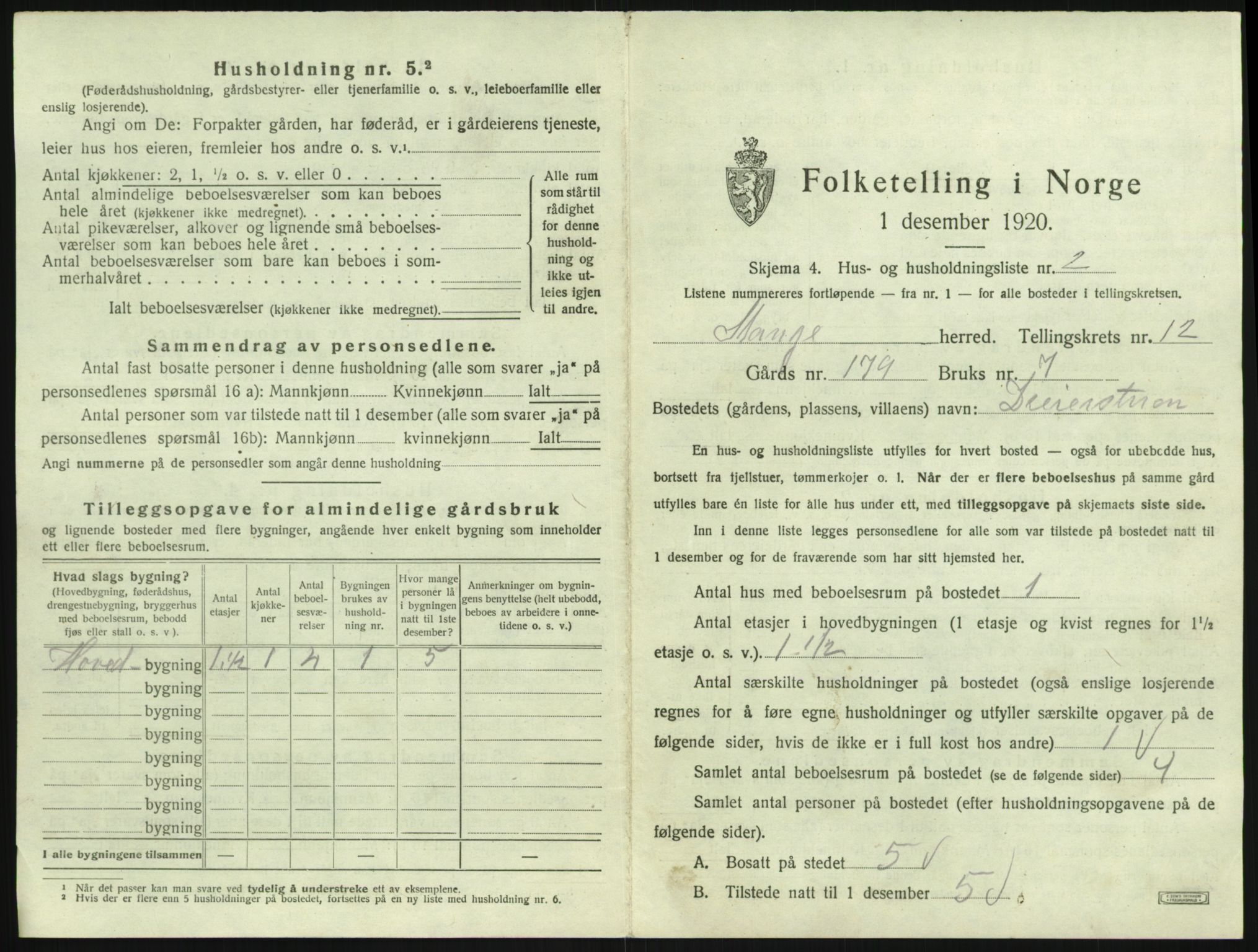 SAH, 1920 census for Stange, 1920, p. 2589