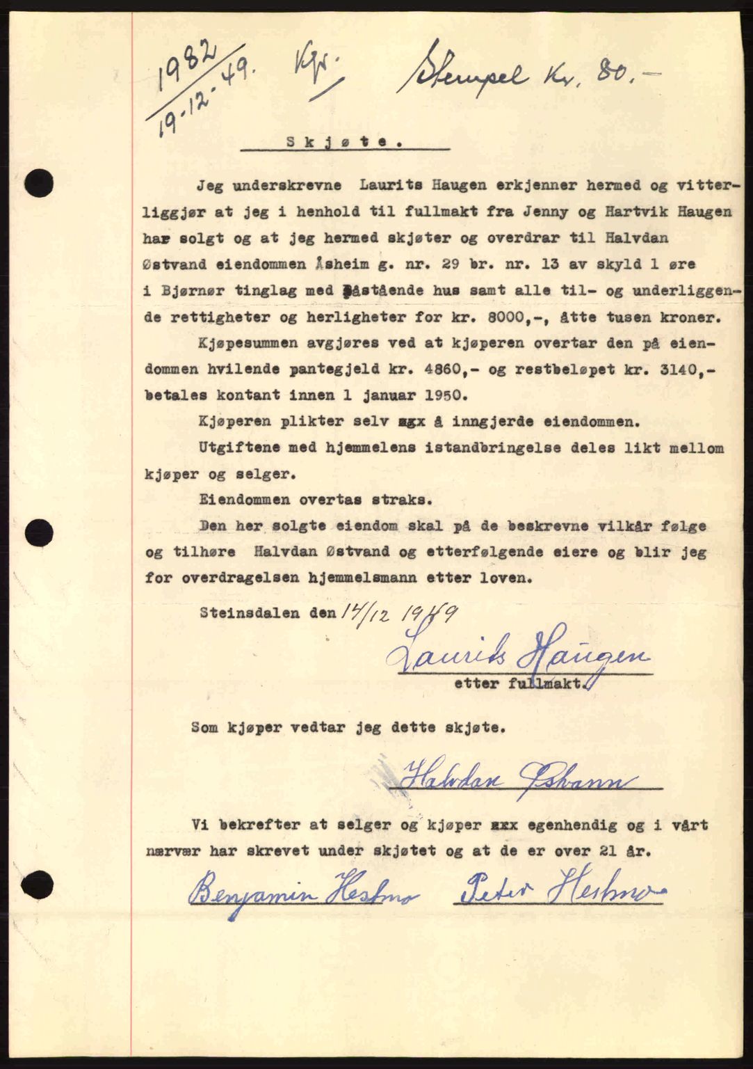 Fosen sorenskriveri, AV/SAT-A-1107/1/2/2C: Mortgage book no. A10, 1949-1950, Diary no: : 1982/1949