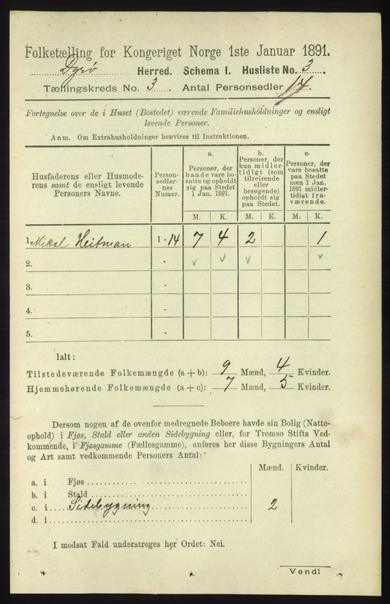 RA, 1891 census for 1926 Dyrøy, 1891, p. 1107