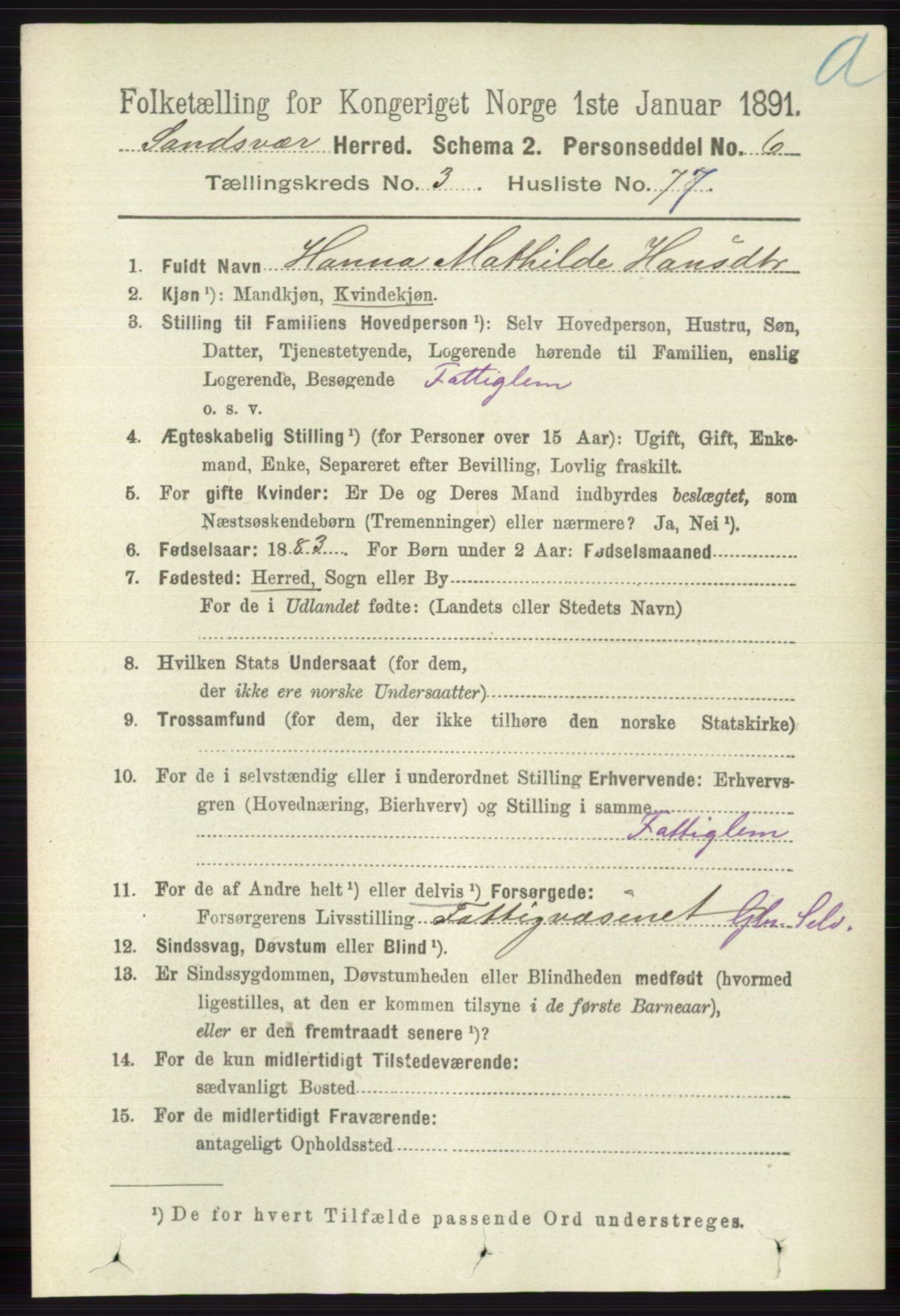 RA, 1891 census for 0629 Sandsvær, 1891, p. 1715