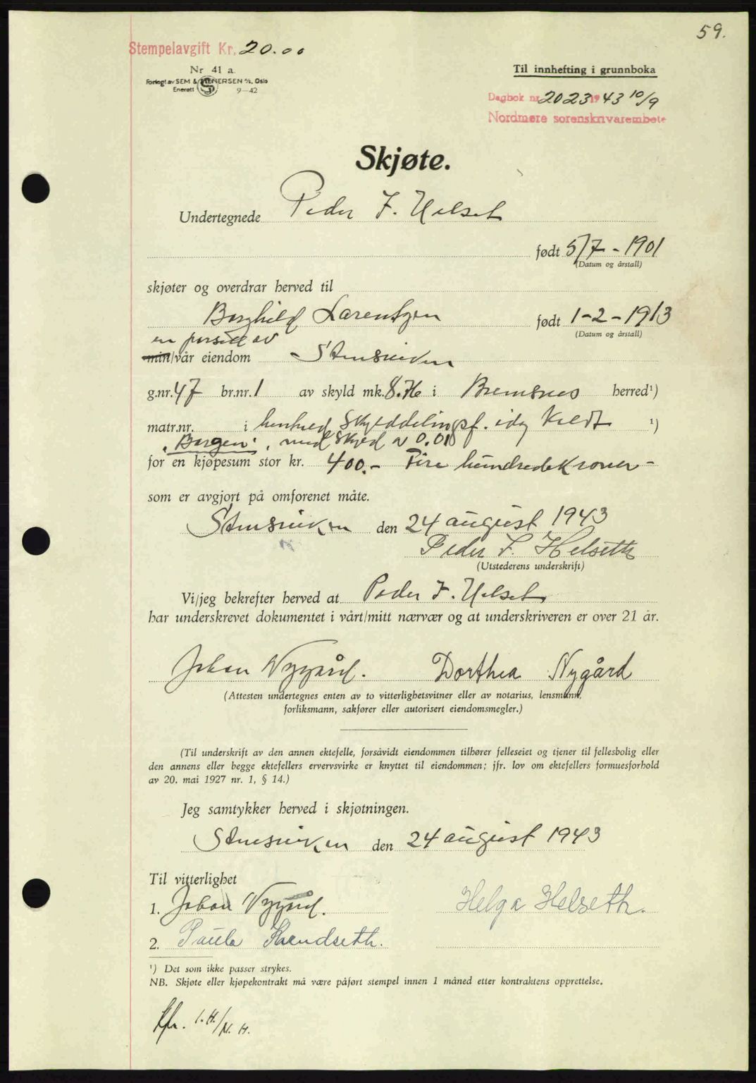 Nordmøre sorenskriveri, SAT/A-4132/1/2/2Ca: Mortgage book no. A96, 1943-1944, Diary no: : 2023/1943