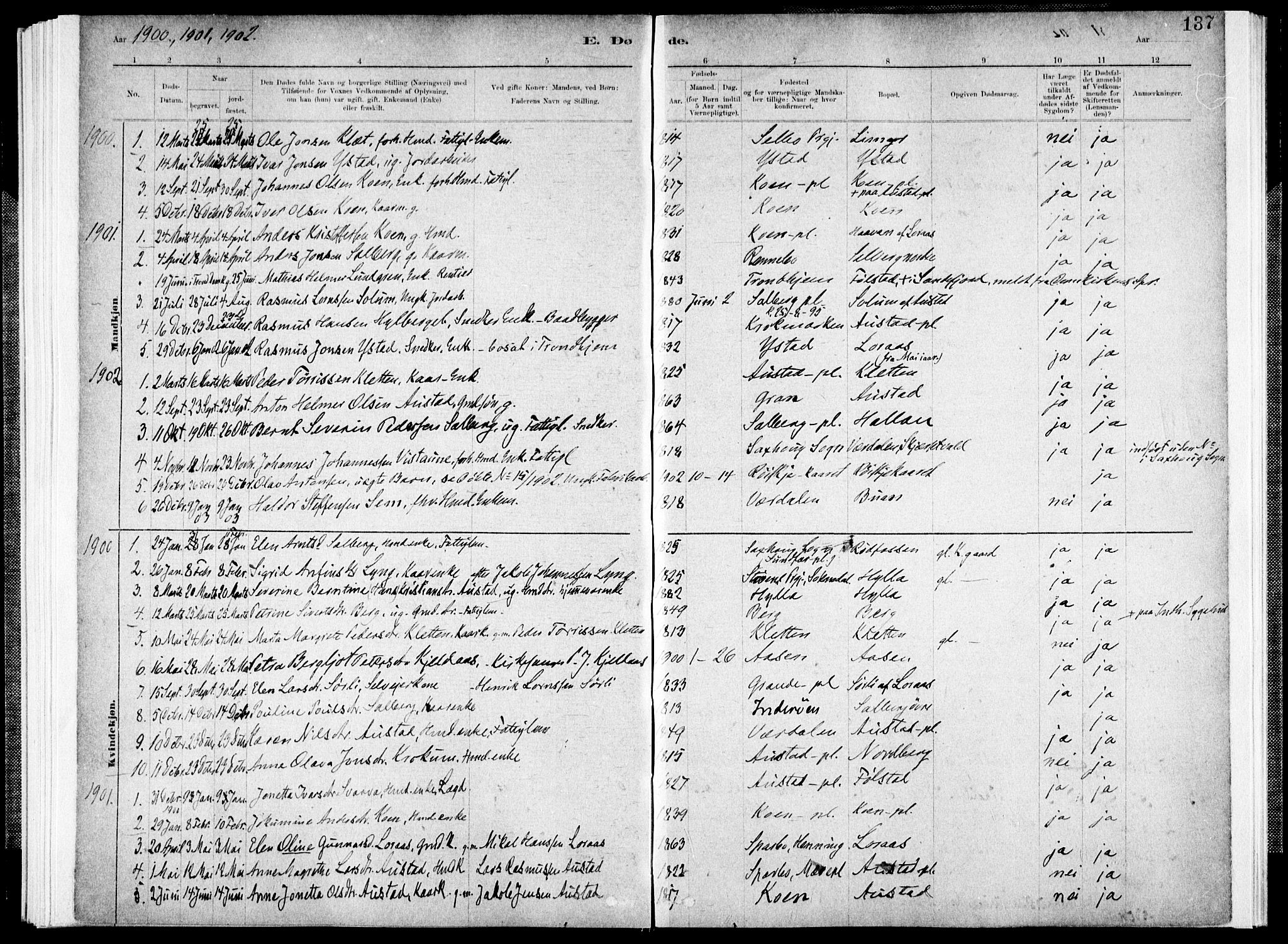 Ministerialprotokoller, klokkerbøker og fødselsregistre - Nord-Trøndelag, SAT/A-1458/731/L0309: Parish register (official) no. 731A01, 1879-1918, p. 137