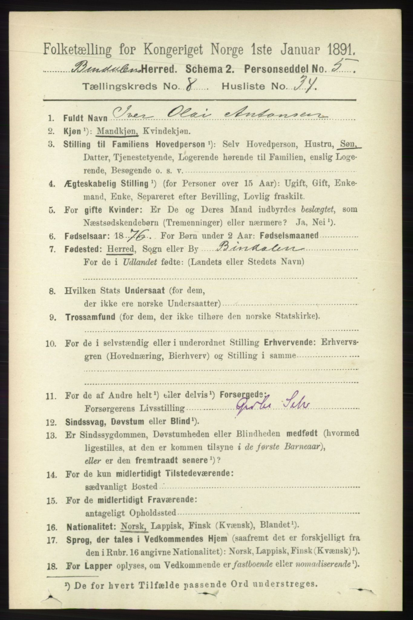 RA, 1891 census for 1811 Bindal, 1891, p. 2820