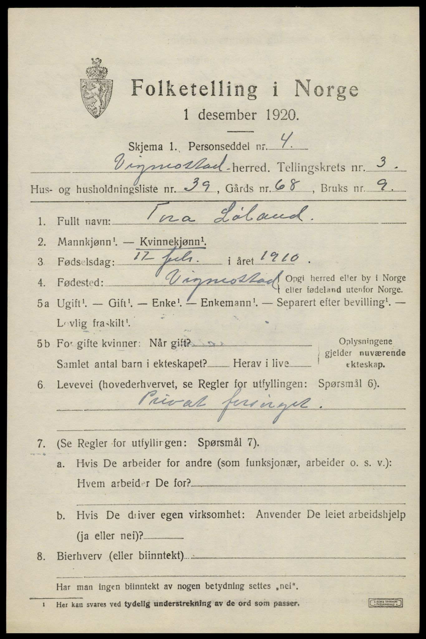SAK, 1920 census for Vigmostad, 1920, p. 1141