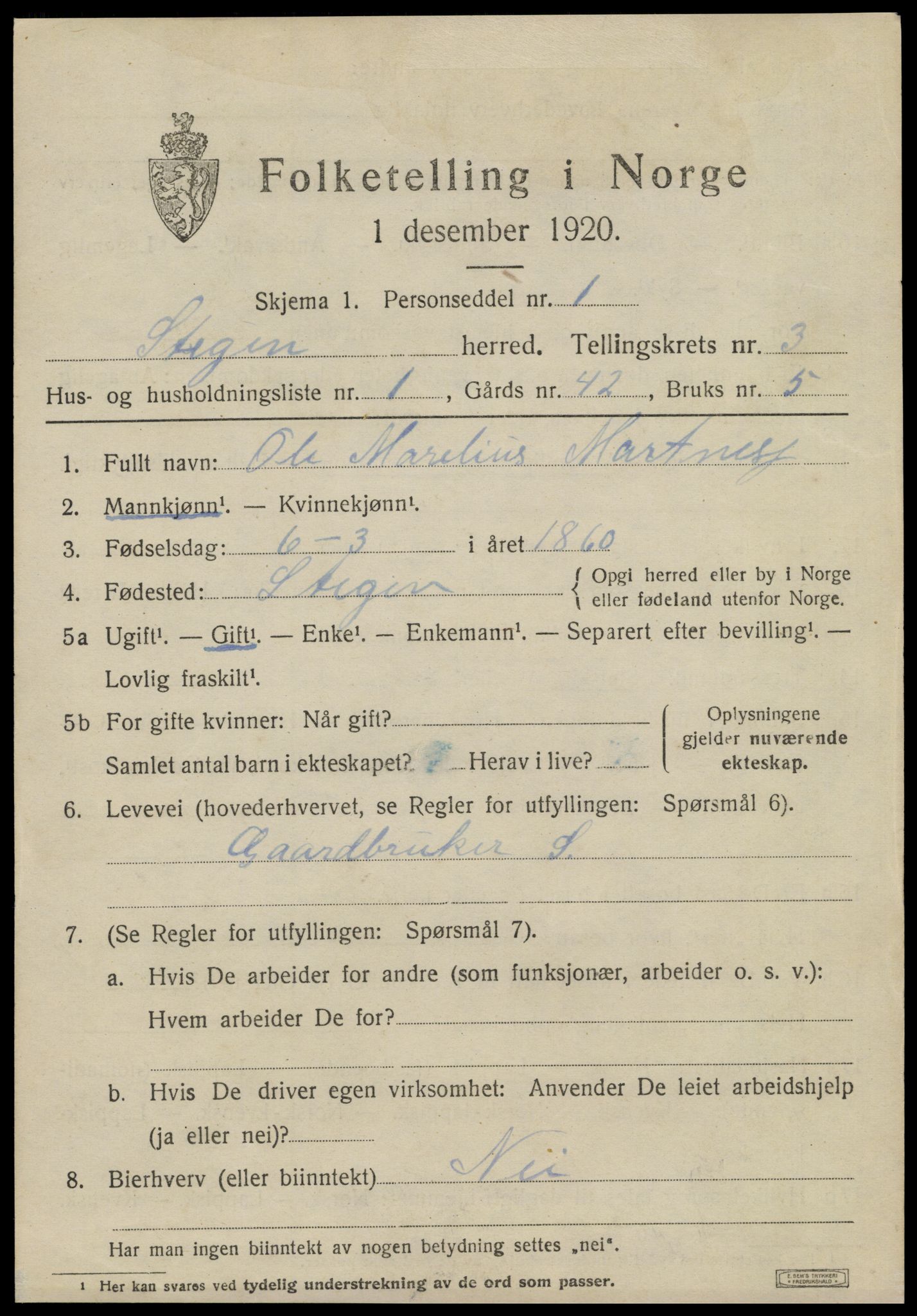 SAT, 1920 census for Steigen, 1920, p. 1364