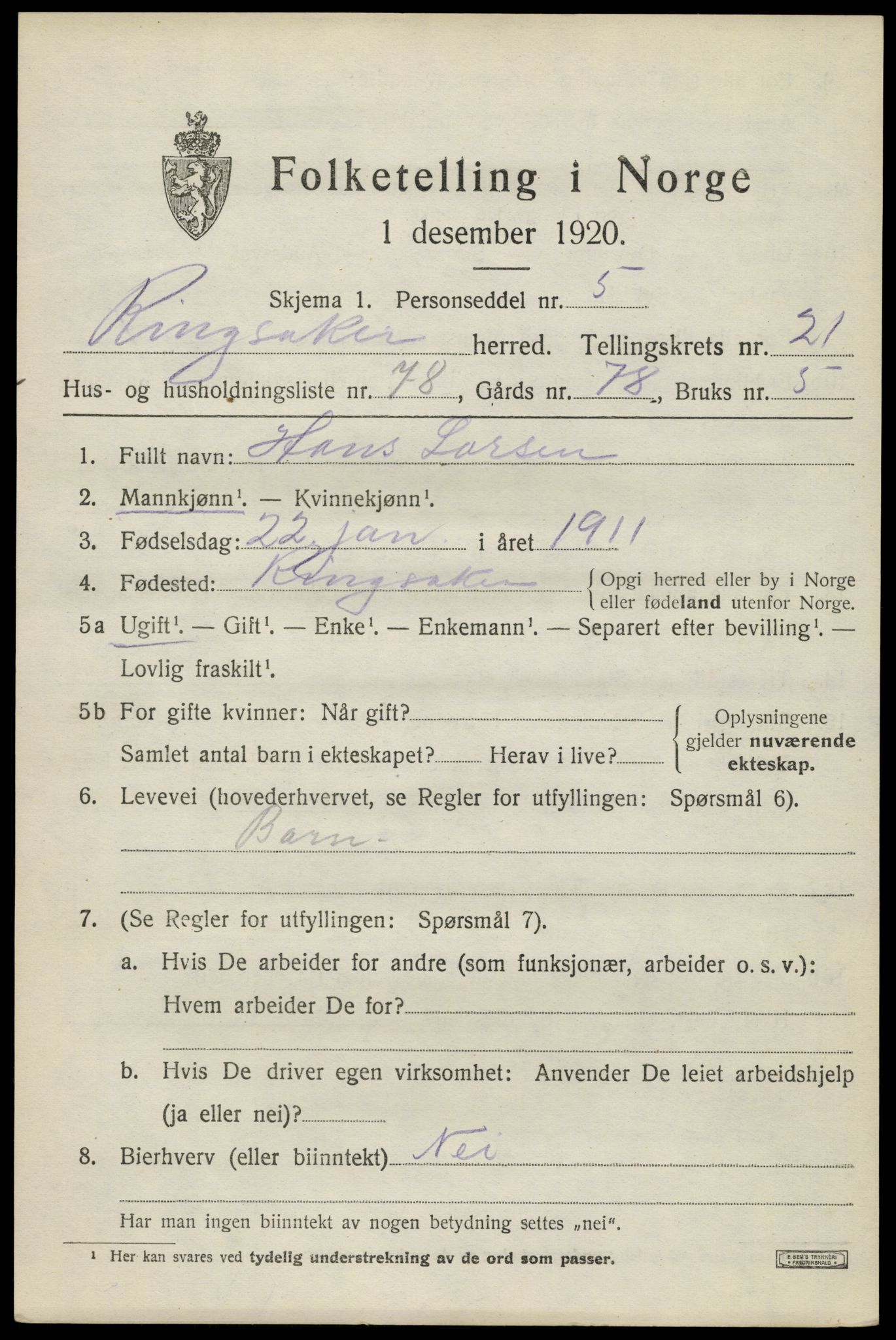 SAH, 1920 census for Ringsaker, 1920, p. 29406