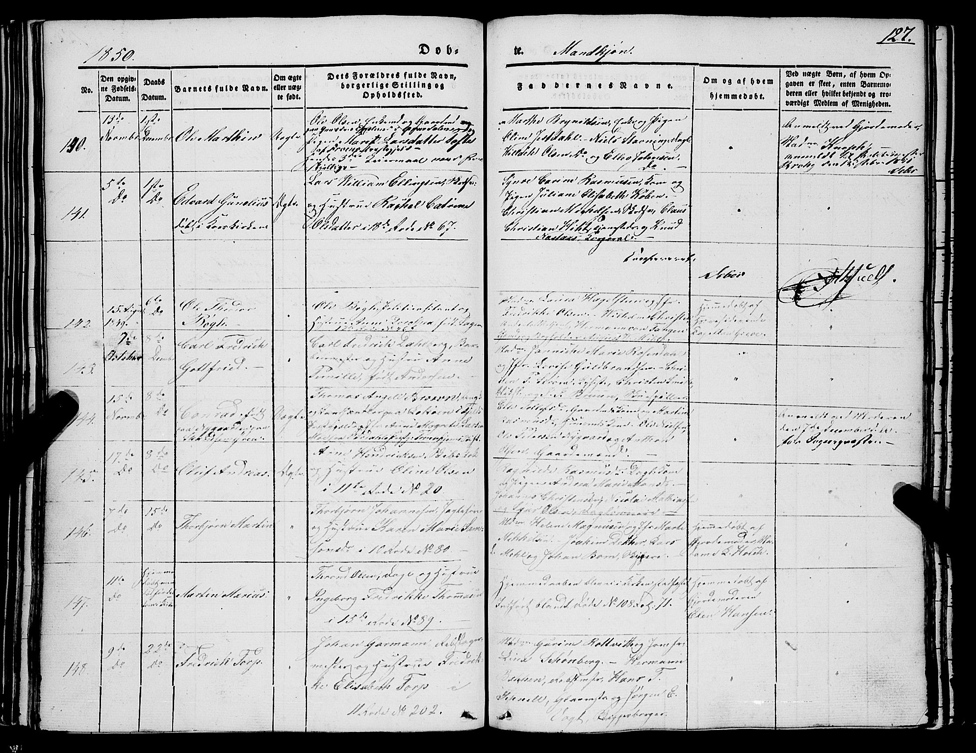 Domkirken sokneprestembete, AV/SAB-A-74801/H/Haa/L0019: Parish register (official) no. B 2, 1841-1851, p. 127