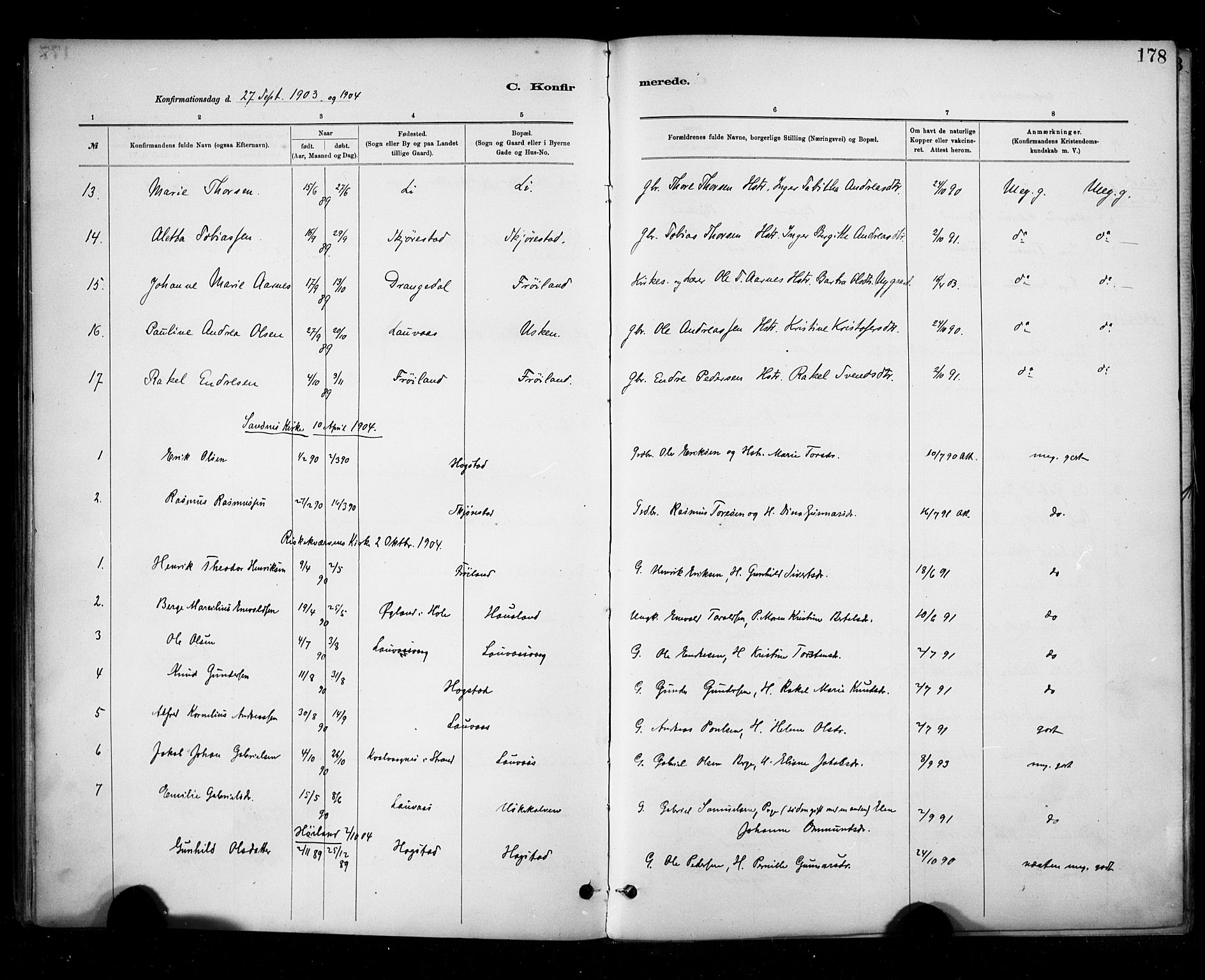 Hetland sokneprestkontor, AV/SAST-A-101826/30/30BA/L0010: Parish register (official) no. A 10, 1882-1925, p. 178