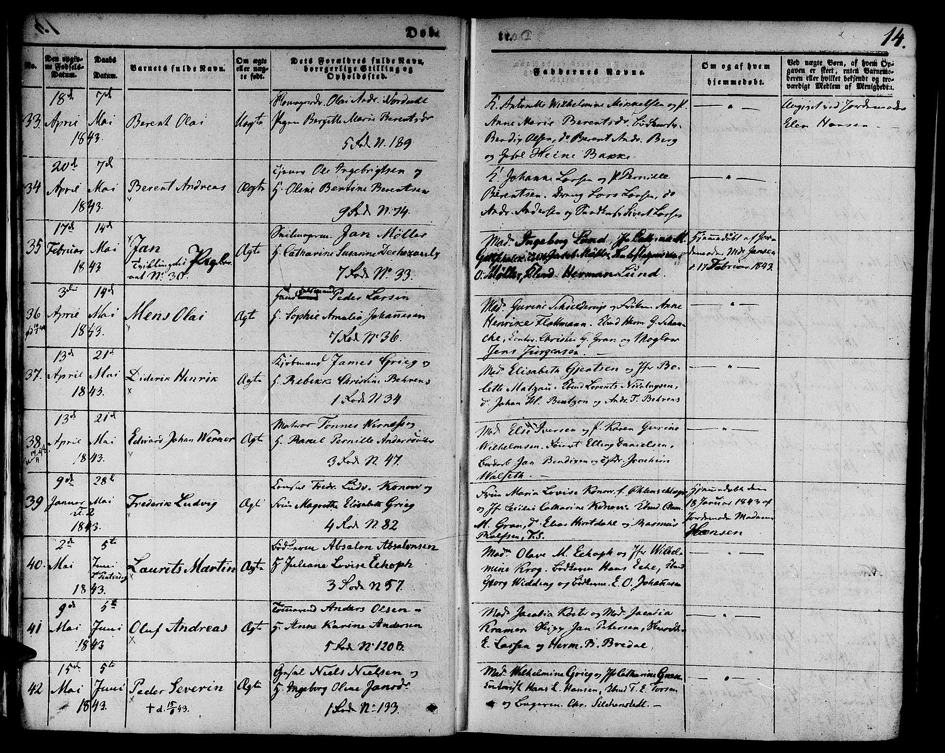 Nykirken Sokneprestembete, SAB/A-77101/H/Hab: Parish register (copy) no. B 1, 1842-1858, p. 14