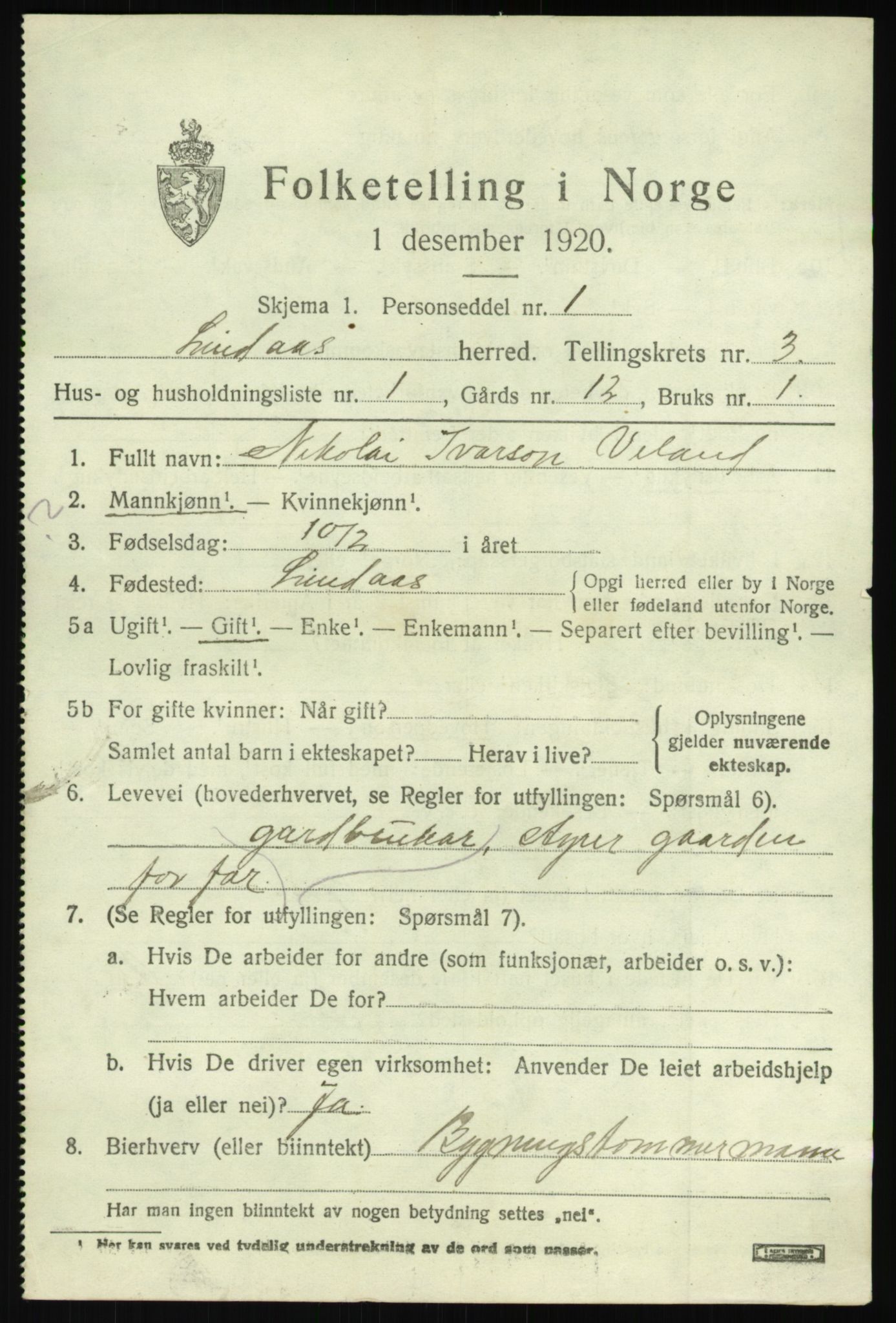 SAB, 1920 census for Lindås, 1920, p. 1923