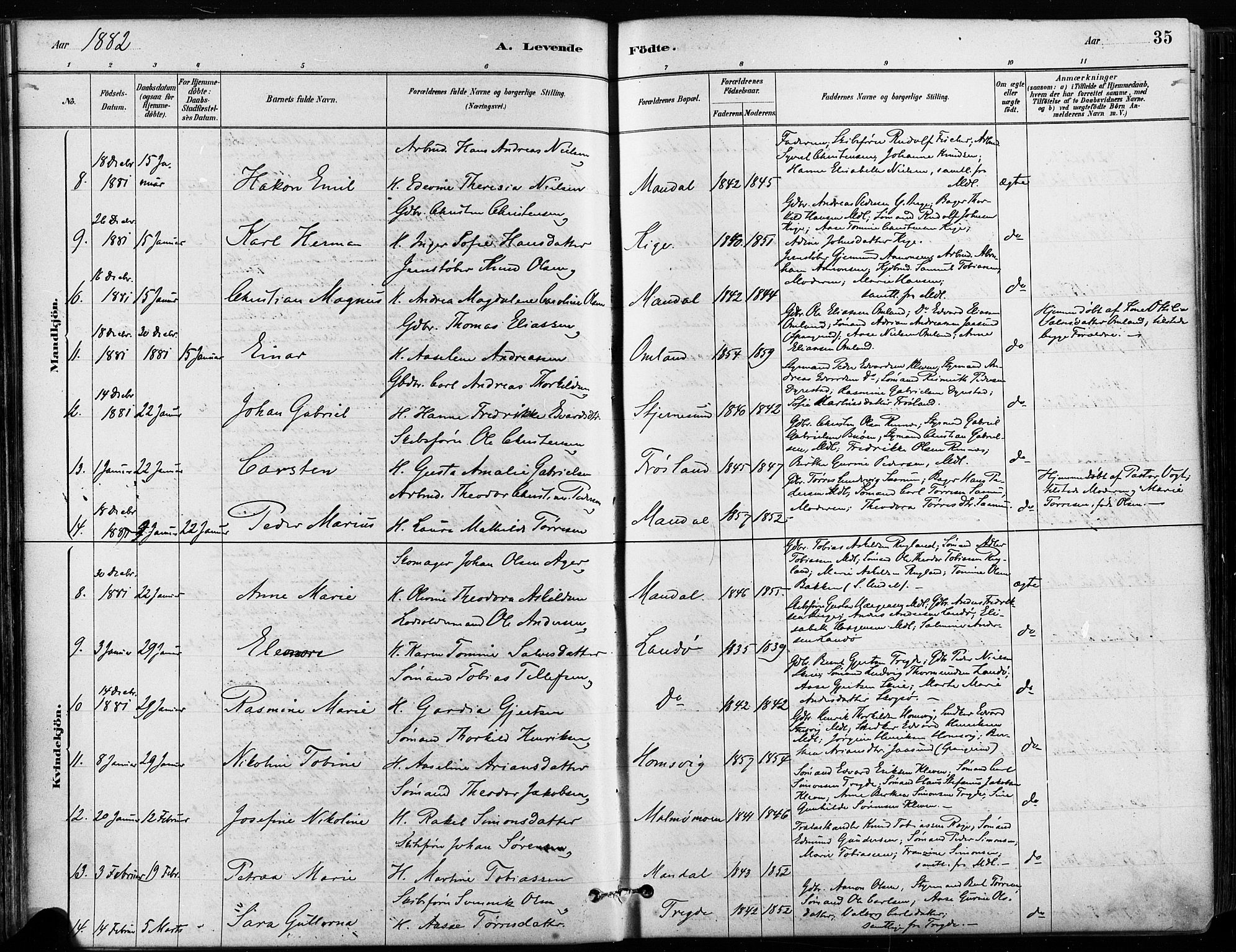 Mandal sokneprestkontor, AV/SAK-1111-0030/F/Fa/Faa/L0016: Parish register (official) no. A 16, 1880-1890, p. 35