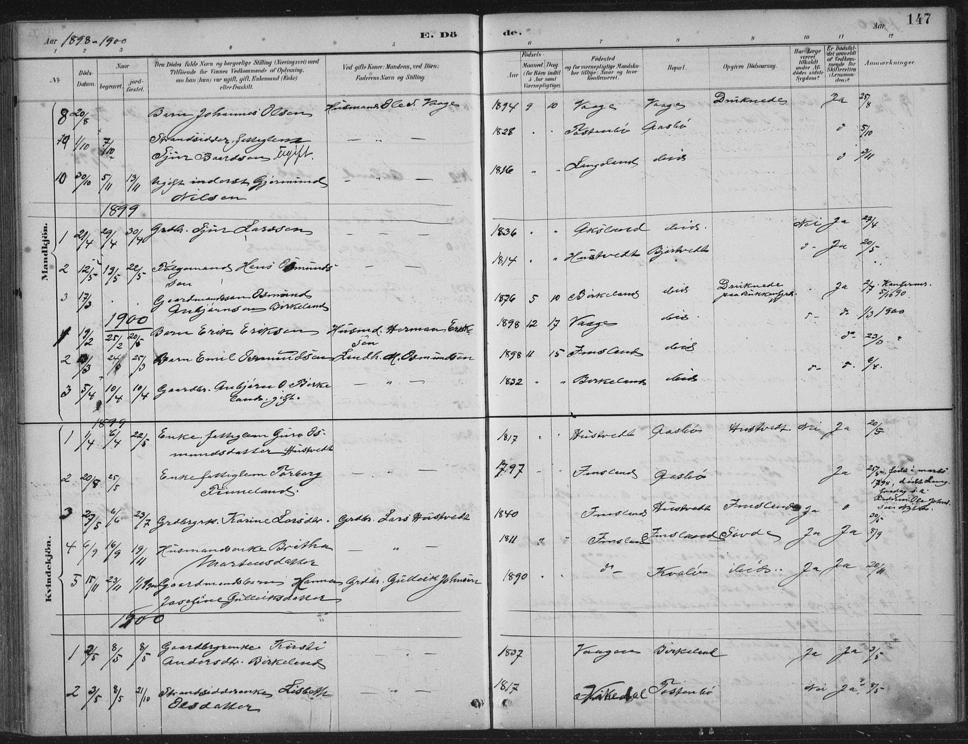 Vikedal sokneprestkontor, AV/SAST-A-101840/01/IV: Parish register (official) no. A 12, 1886-1929, p. 147