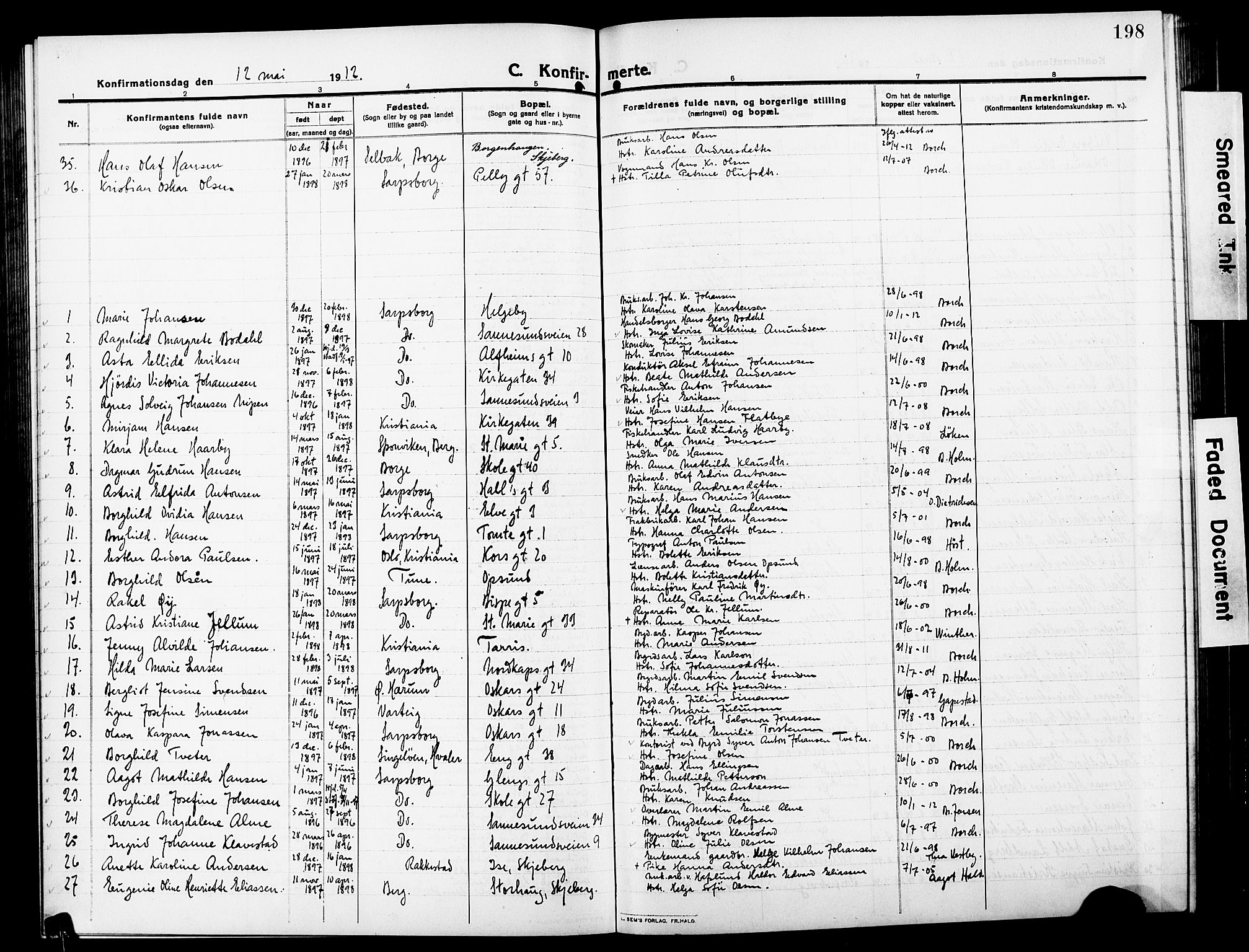 Sarpsborg prestekontor Kirkebøker, AV/SAO-A-2006/G/Ga/L0002: Parish register (copy) no. 2, 1912-1931, p. 198