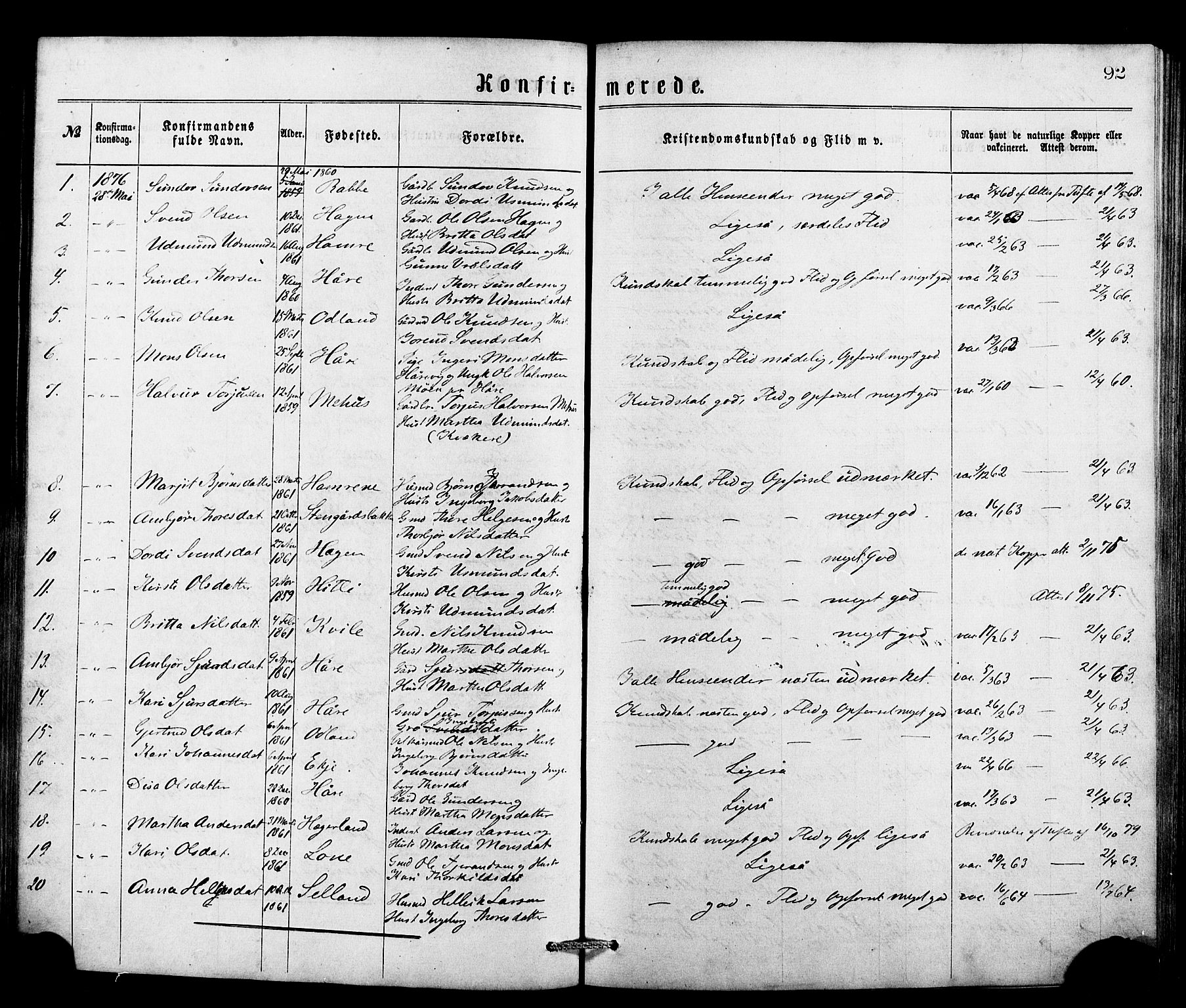 Røldal sokneprestembete, SAB/A-100247: Parish register (official) no. A 4, 1870-1886, p. 92