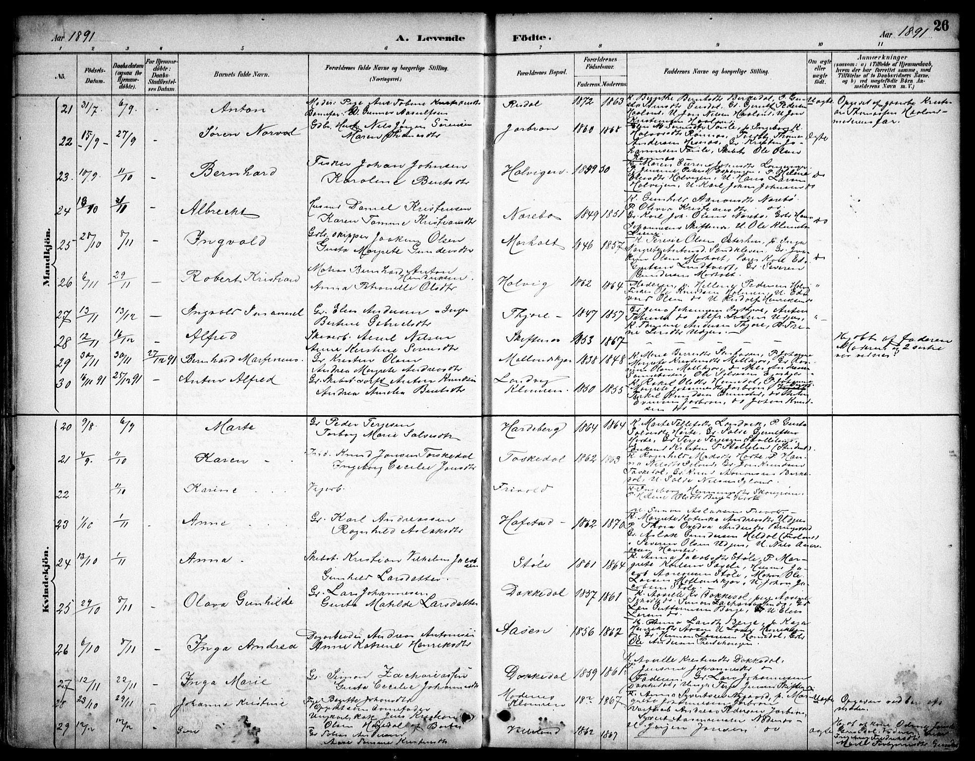 Hommedal sokneprestkontor, SAK/1111-0023/F/Fb/Fbb/L0007: Parish register (copy) no. B 7, 1885-1904, p. 26