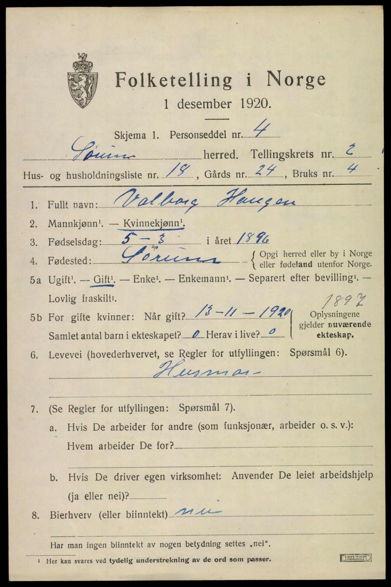 SAO, 1920 census for Sørum, 1920, p. 1899