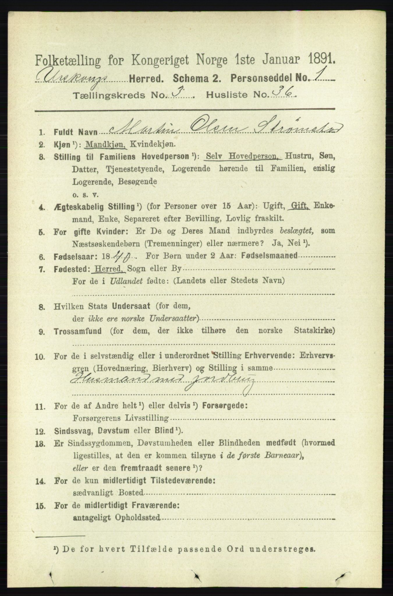 RA, 1891 census for 0224 Aurskog, 1891, p. 722