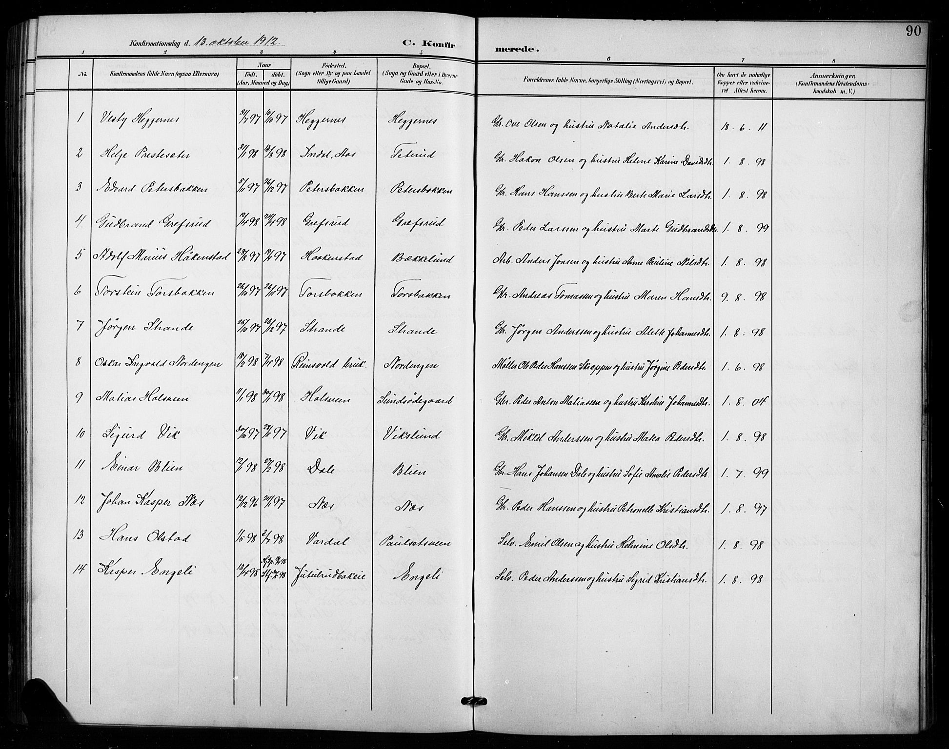 Vestre Toten prestekontor, SAH/PREST-108/H/Ha/Hab/L0016: Parish register (copy) no. 16, 1901-1915, p. 90