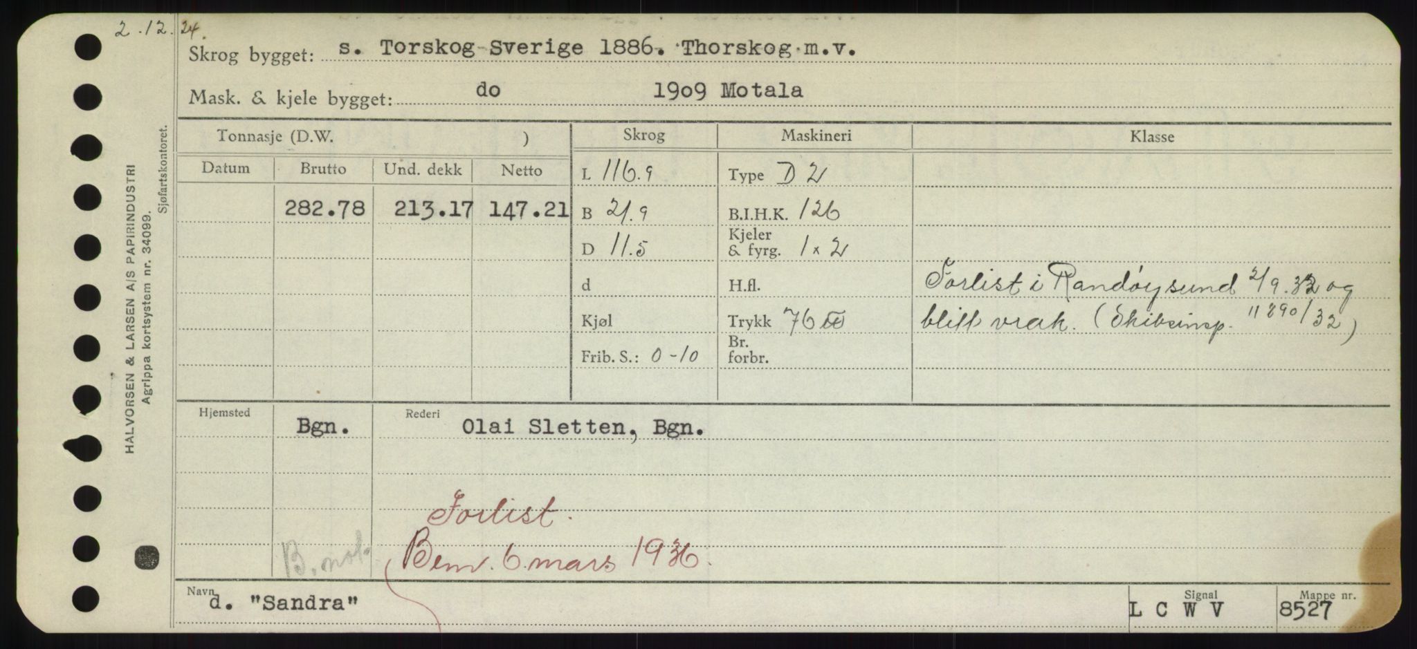 Sjøfartsdirektoratet med forløpere, Skipsmålingen, RA/S-1627/H/Hd/L0032: Fartøy, San-Seve, p. 83