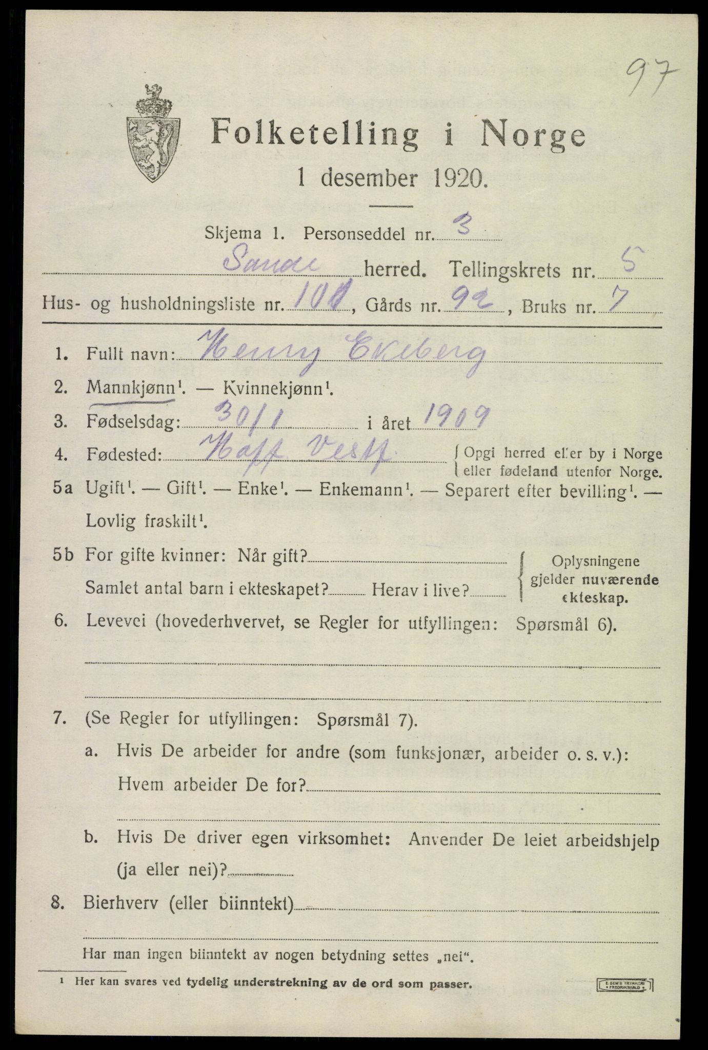 SAKO, 1920 census for Sande, 1920, p. 7252