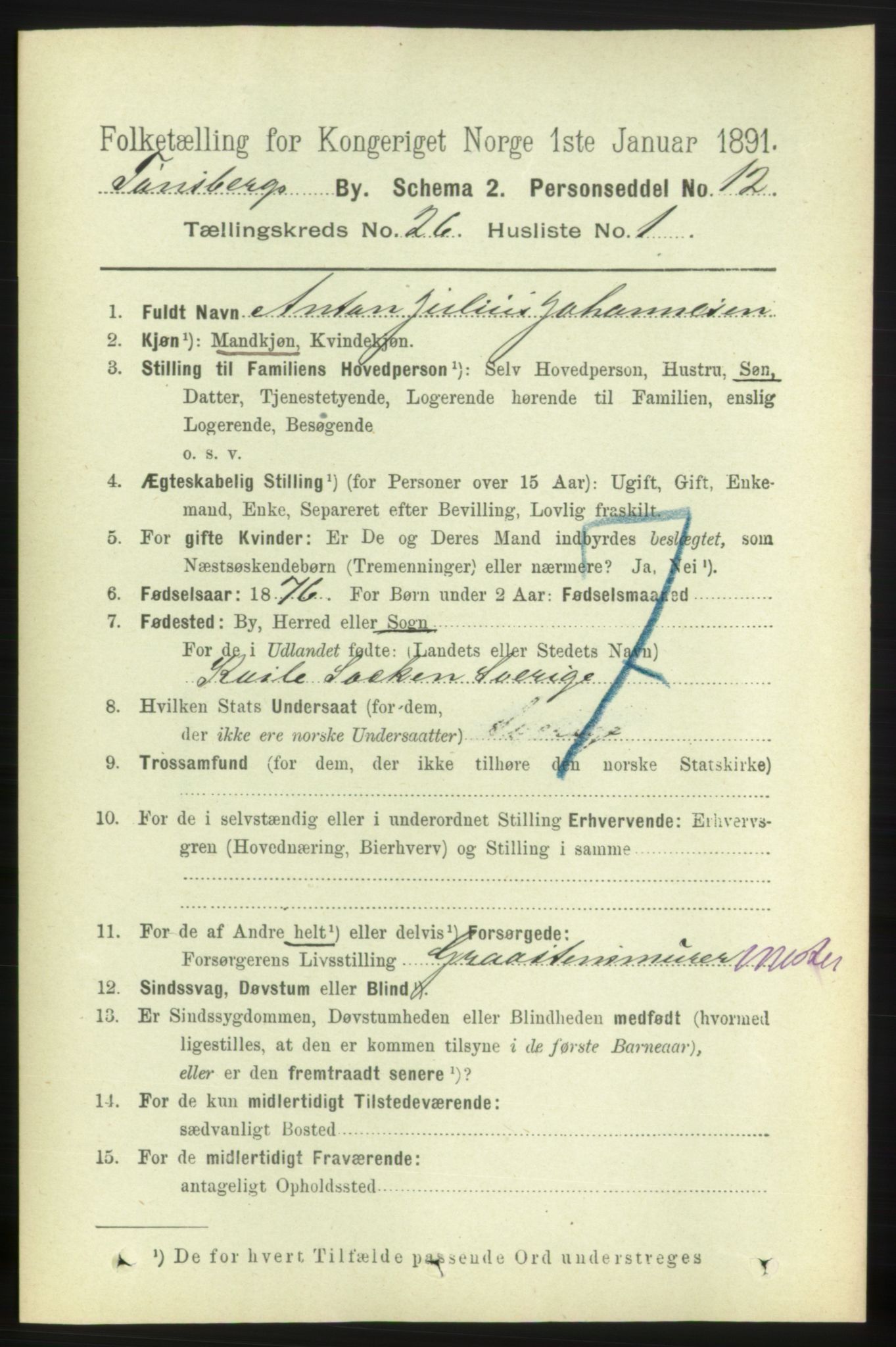 RA, 1891 census for 0705 Tønsberg, 1891, p. 6657