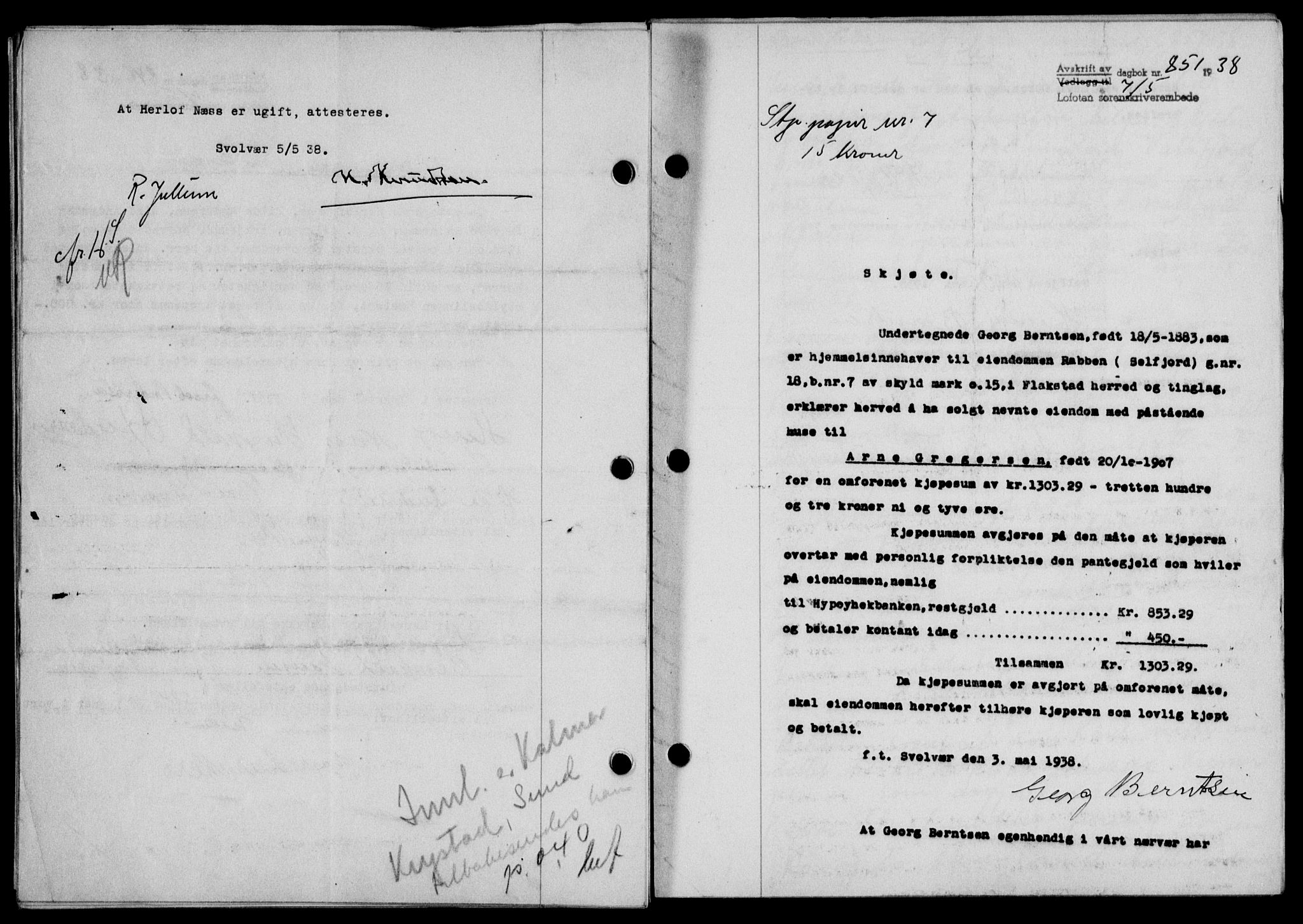 Lofoten sorenskriveri, SAT/A-0017/1/2/2C/L0004a: Mortgage book no. 4a, 1938-1938, Diary no: : 851/1938