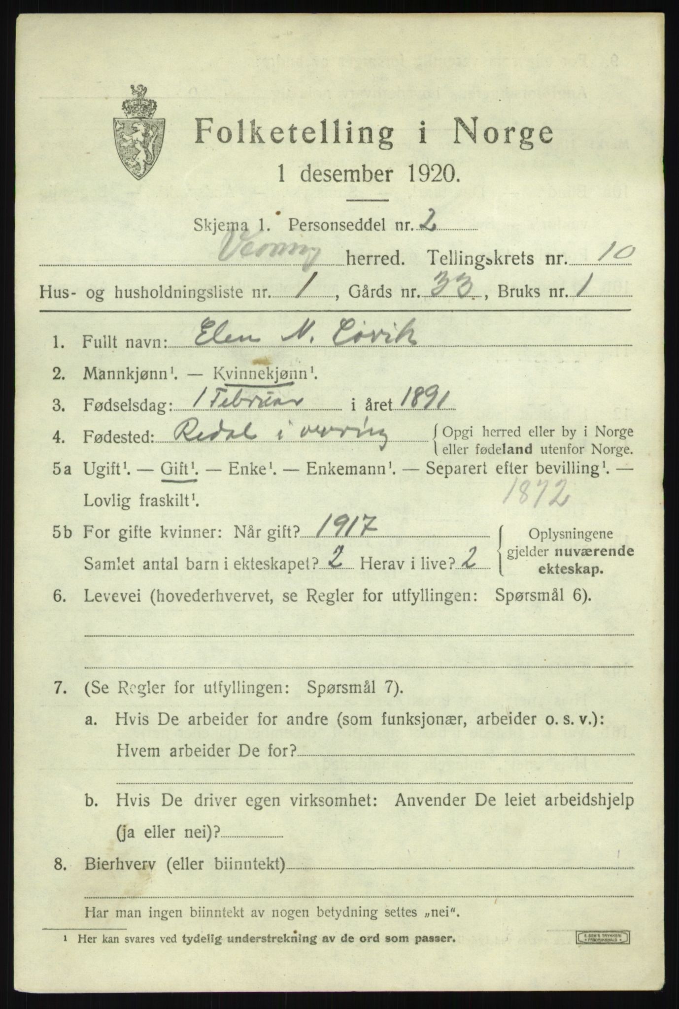 SAB, 1920 census for Vevring, 1920, p. 2528