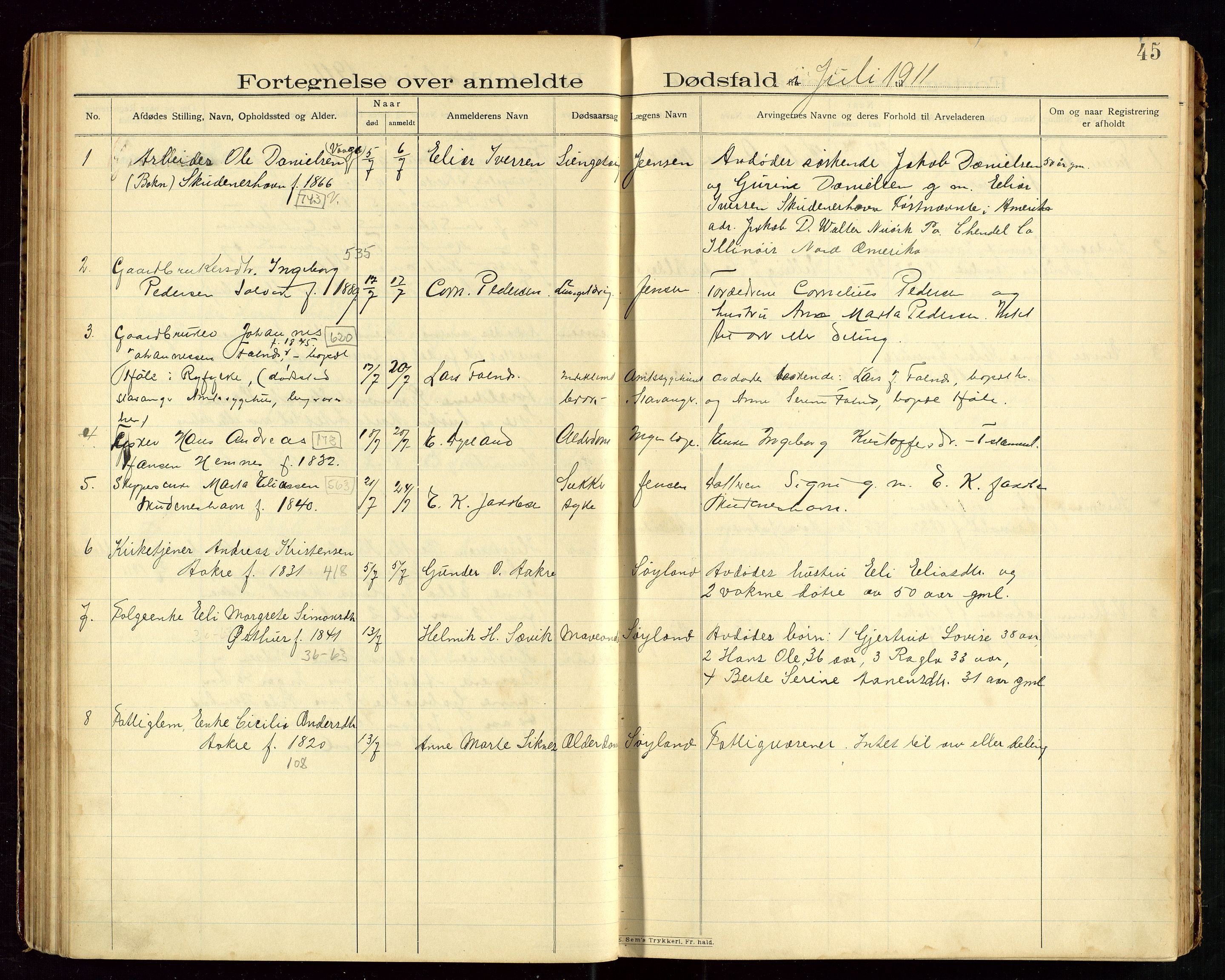 Skudenes lensmannskontor, SAST/A-100444/Gga/L0003: "Dødsfalds-Protokol", 1908-1912, p. 45