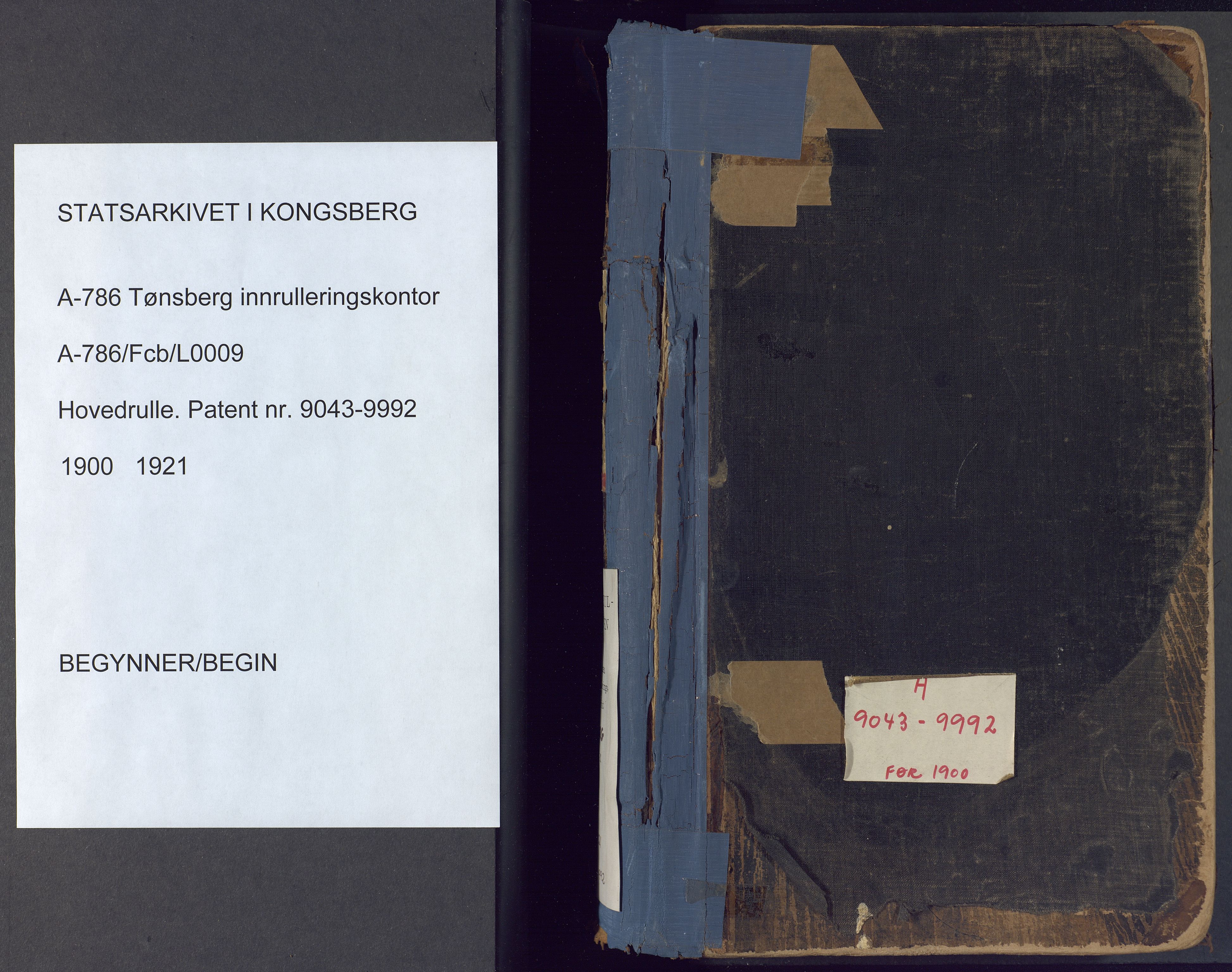 Tønsberg innrulleringskontor, AV/SAKO-A-786/F/Fc/Fcb/L0009: Hovedrulle Patent nr. 9043-9992, 1900-1921