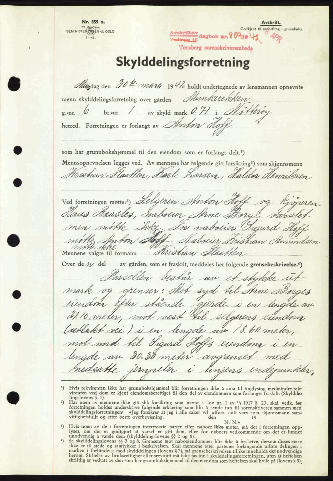 Tønsberg sorenskriveri, AV/SAKO-A-130/G/Ga/Gaa/L0011: Mortgage book no. A11, 1941-1942, Diary no: : 859/1942