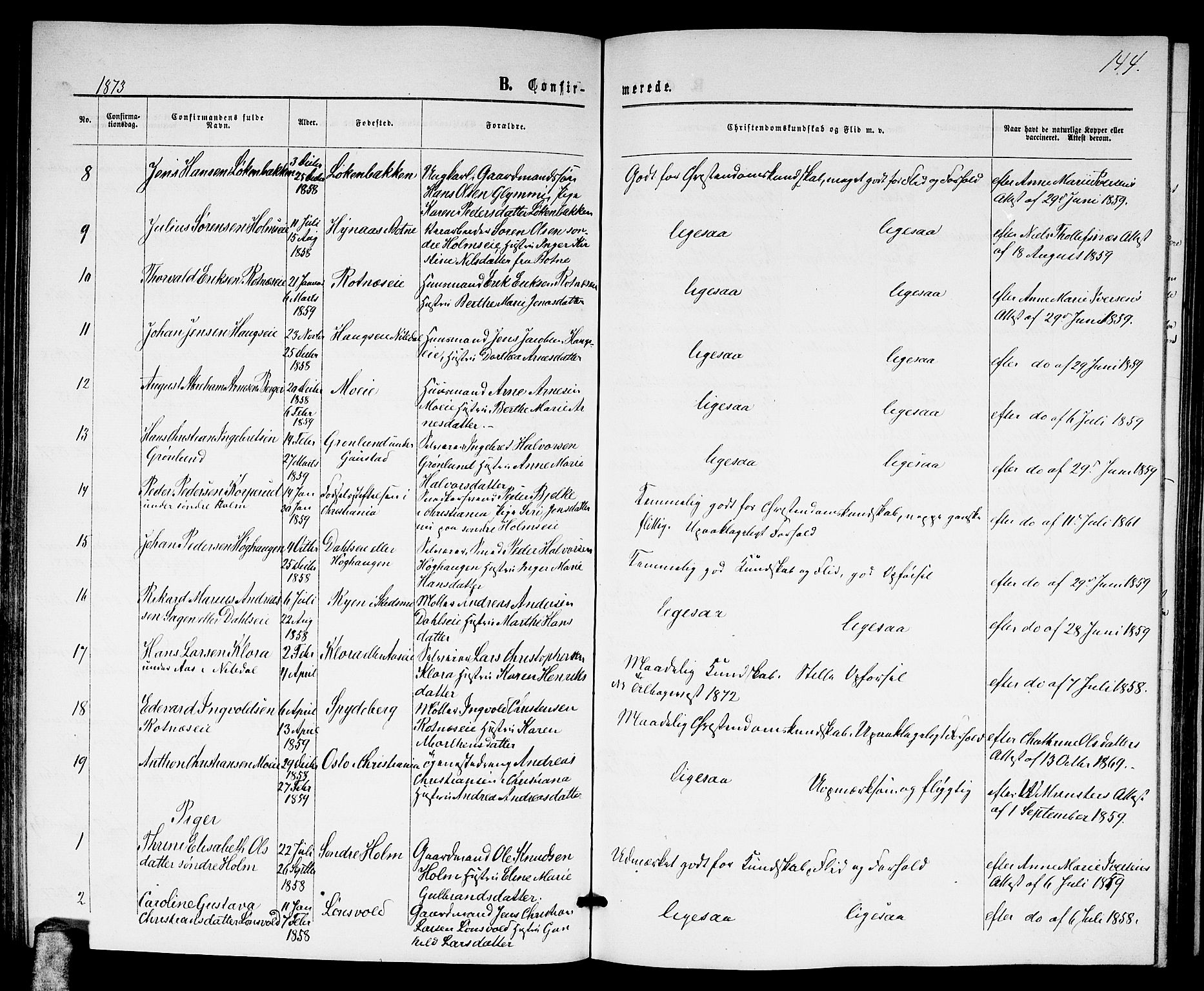 Nittedal prestekontor Kirkebøker, AV/SAO-A-10365a/G/Ga/L0001: Parish register (copy) no. I 1, 1859-1878, p. 144