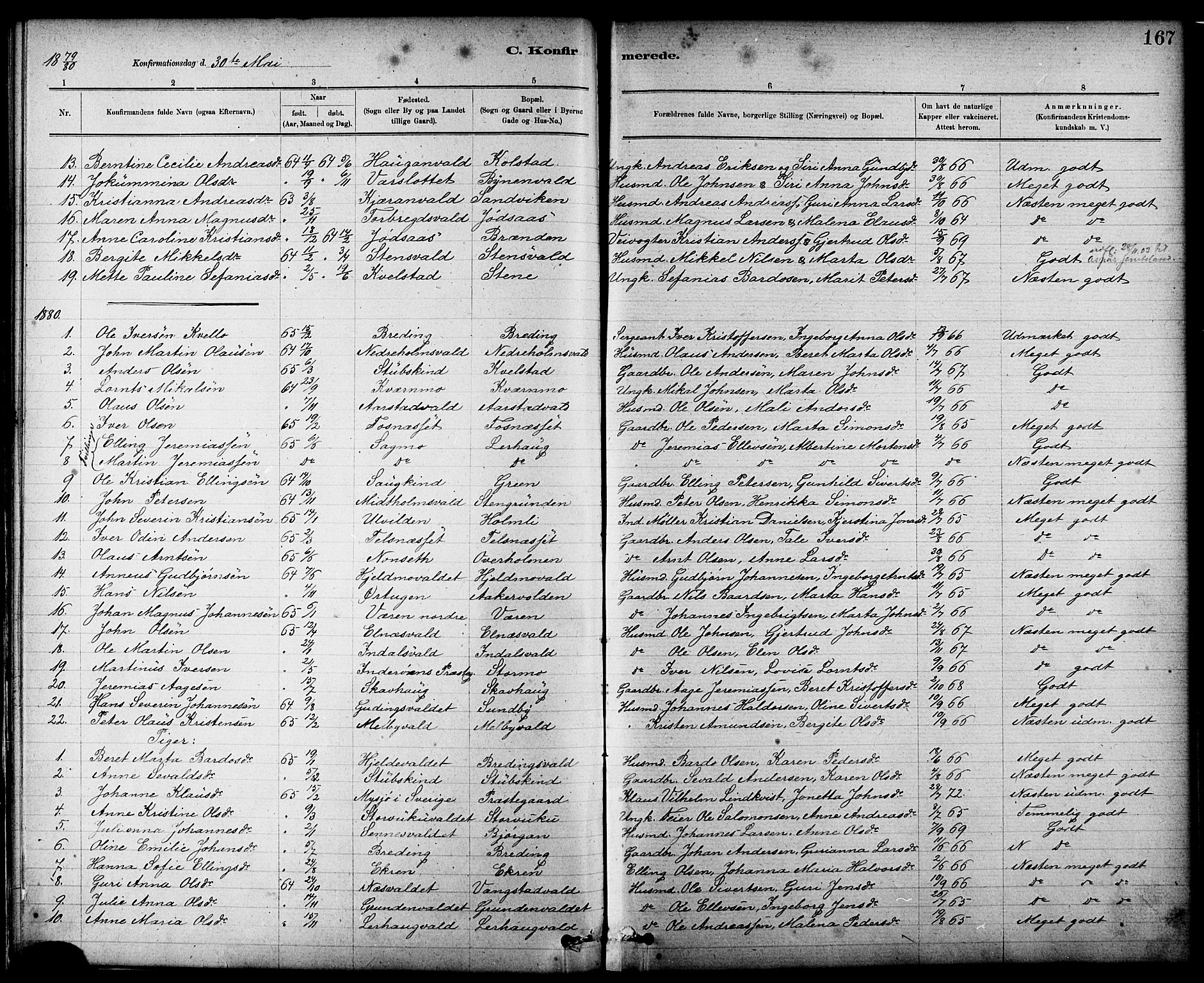 Ministerialprotokoller, klokkerbøker og fødselsregistre - Nord-Trøndelag, SAT/A-1458/724/L0267: Parish register (copy) no. 724C03, 1879-1898, p. 167