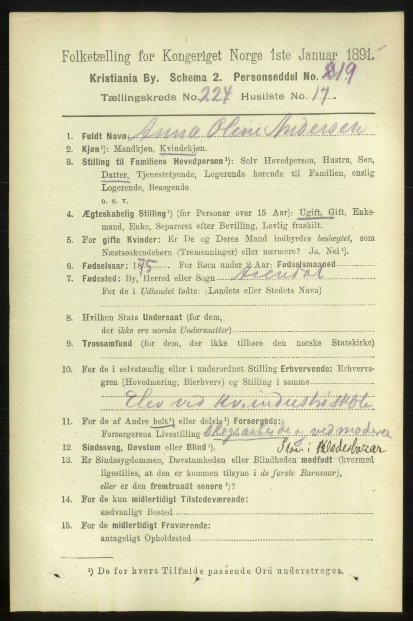 RA, 1891 census for 0301 Kristiania, 1891, p. 136026
