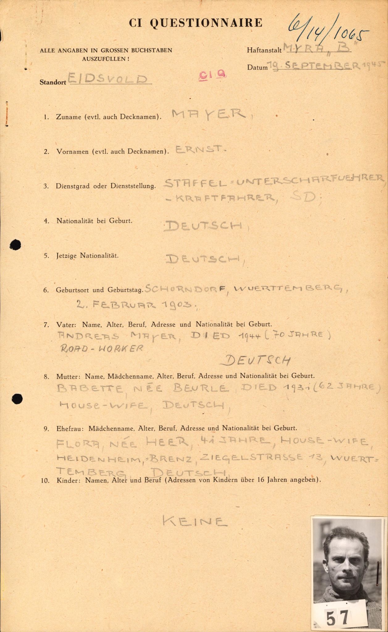 Forsvaret, Forsvarets overkommando II, AV/RA-RAFA-3915/D/Db/L0021: CI Questionaires. Tyske okkupasjonsstyrker i Norge. Tyskere., 1945-1946, p. 276