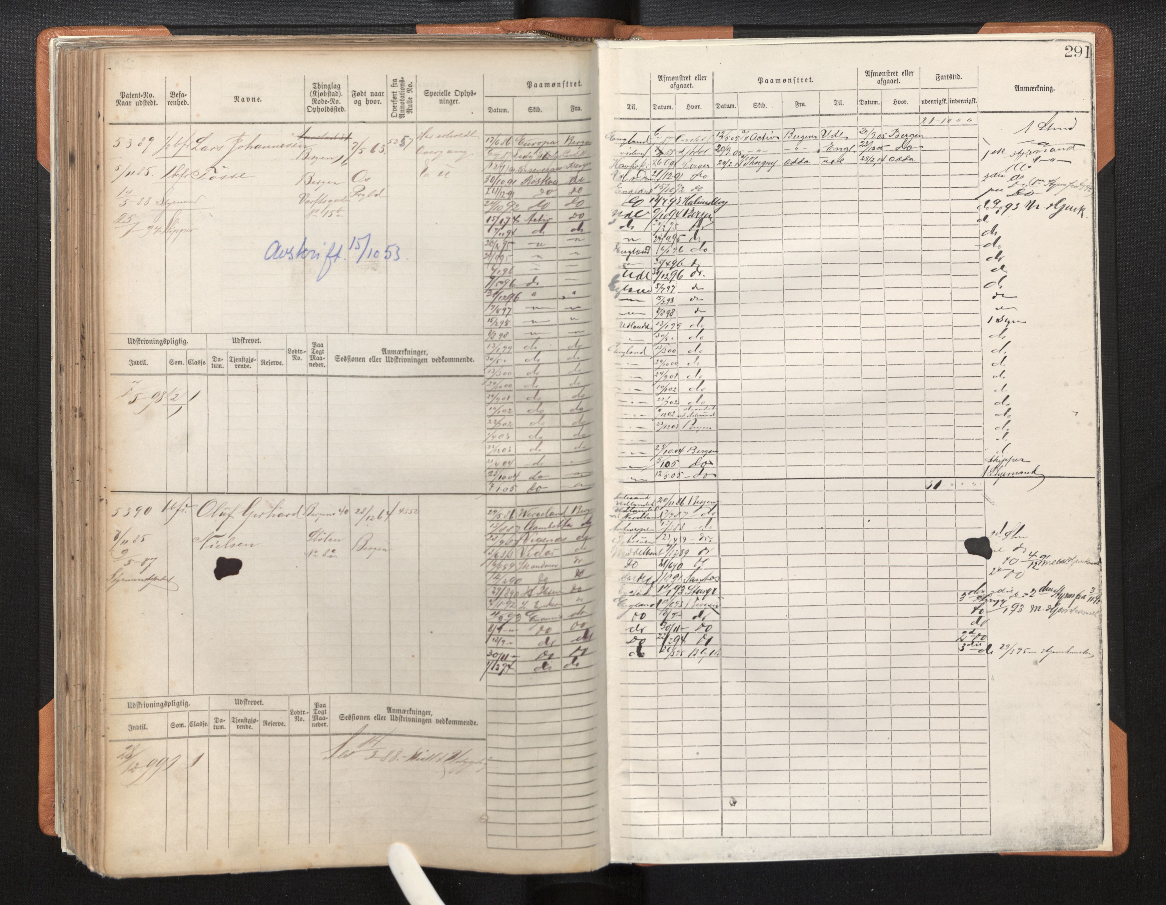 Innrulleringssjefen i Bergen, SAB/A-100050/F/Fc/L0008: Sjøfartshovedrulle, nr. 4805 - 5390, 1882-1889, p. 291