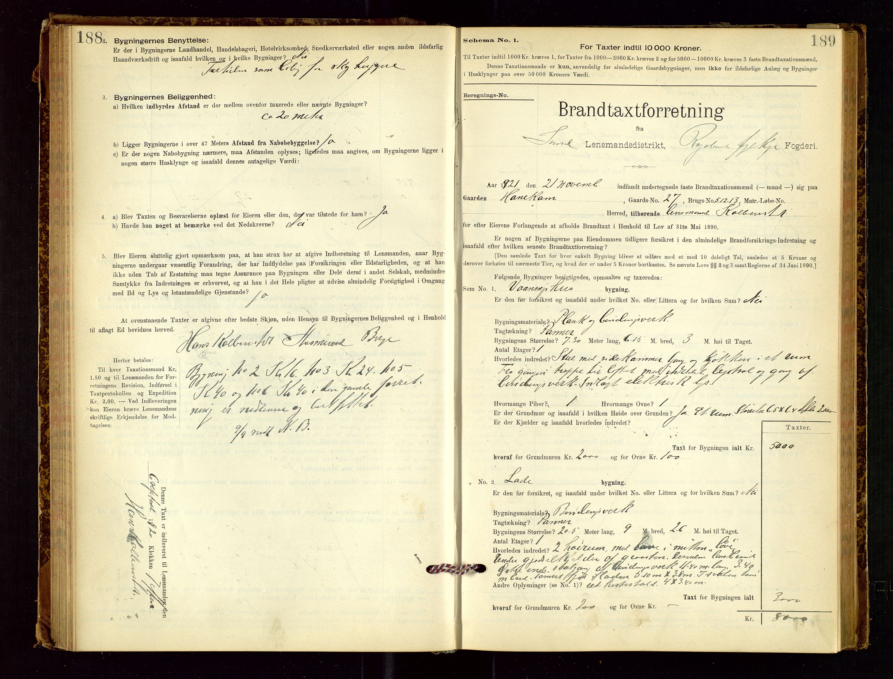 Sand lensmannskontor, AV/SAST-A-100415/Goc/L0001: "Brandtaxationsprotokol", 1895-1935, p. 188-189