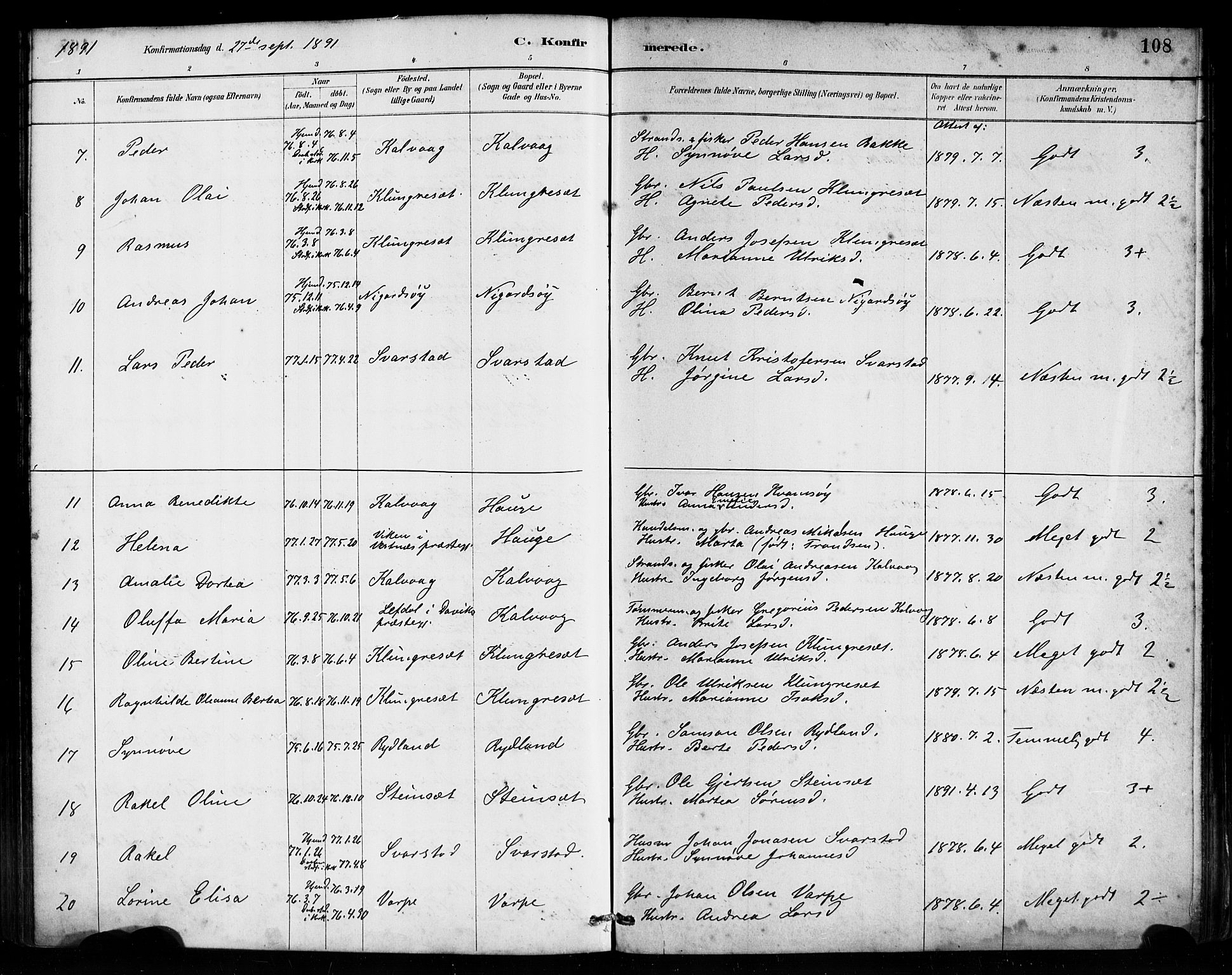 Bremanger sokneprestembete, AV/SAB-A-82201/H/Haa/Haab/L0001: Parish register (official) no. B 1, 1884-1895, p. 108