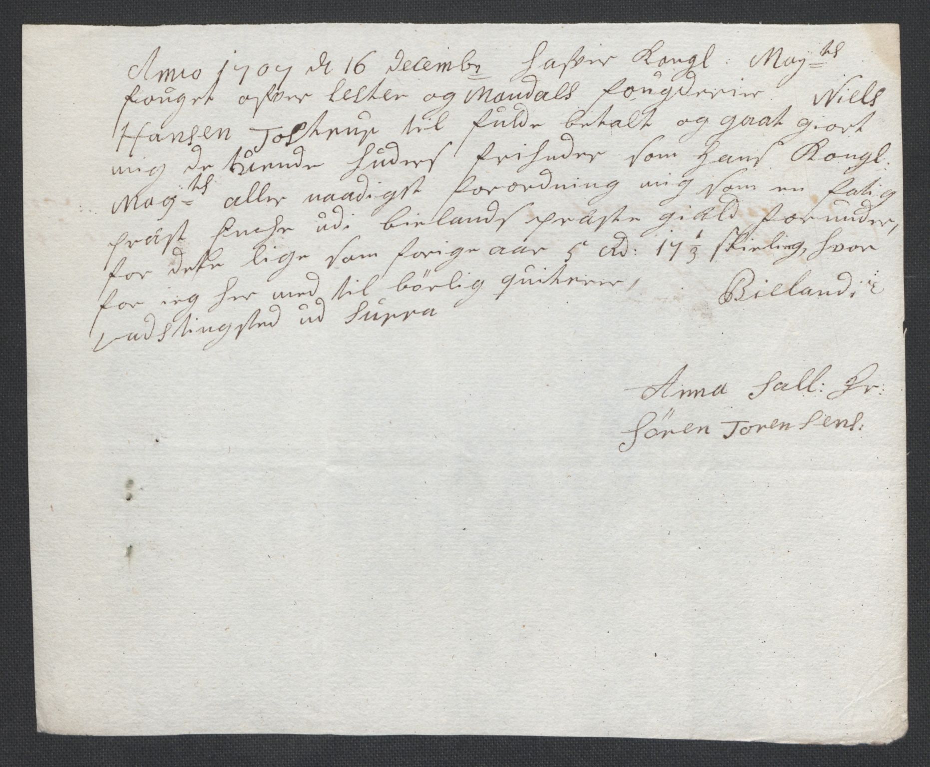 Rentekammeret inntil 1814, Reviderte regnskaper, Fogderegnskap, AV/RA-EA-4092/R43/L2551: Fogderegnskap Lista og Mandal, 1705-1709, p. 473