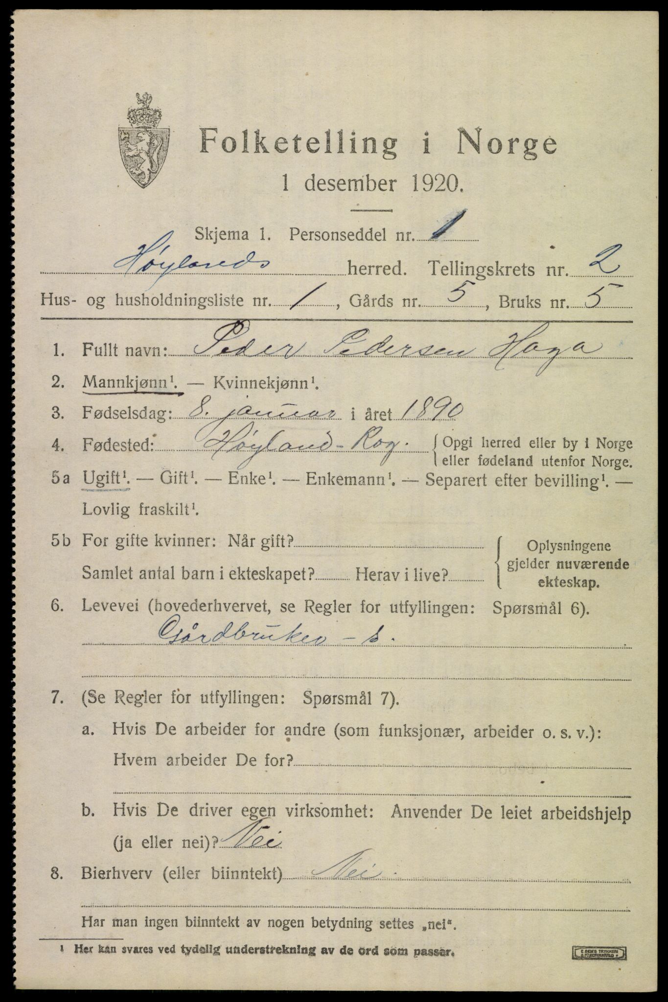 SAST, 1920 census for Høyland, 1920, p. 2672