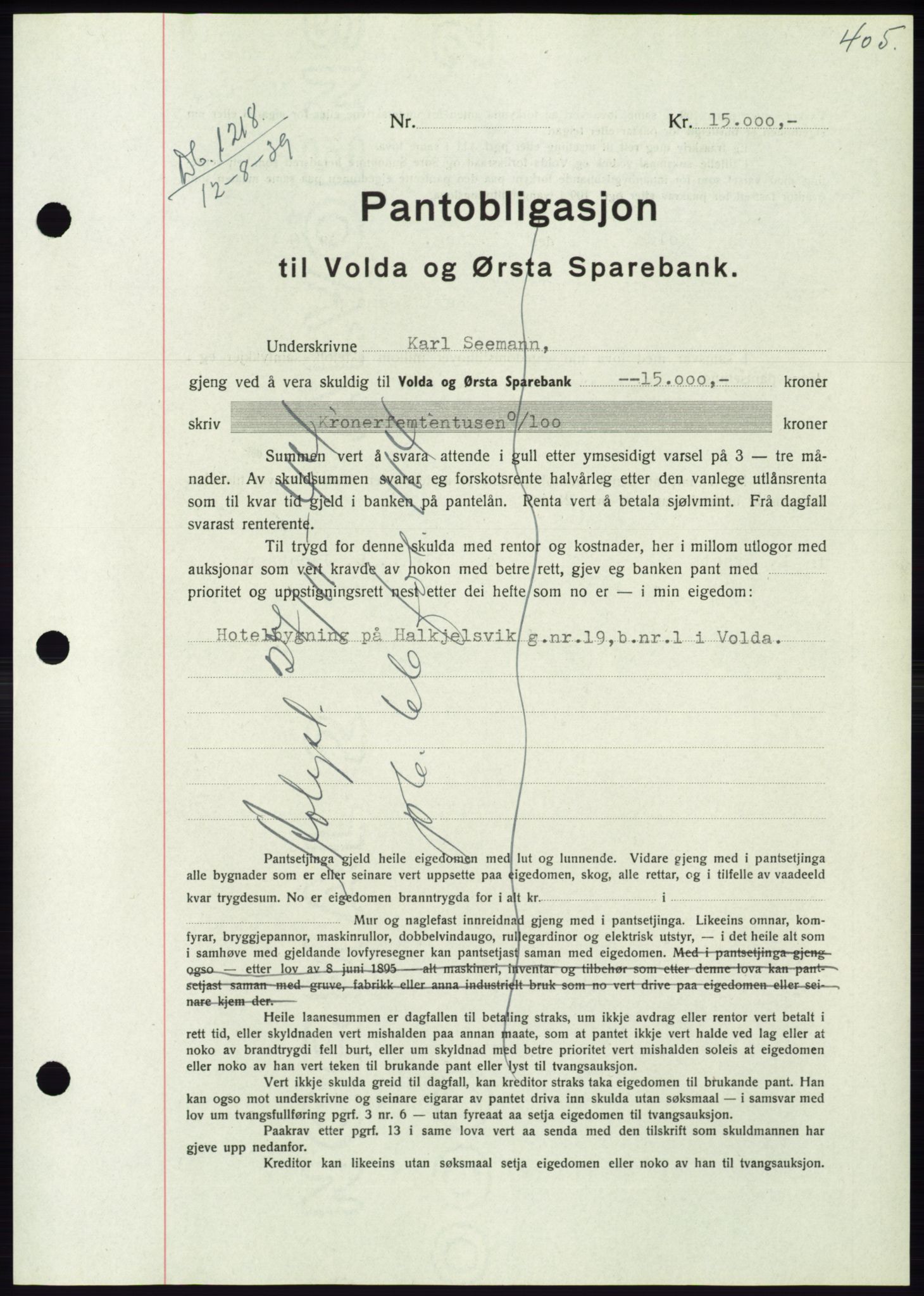 Søre Sunnmøre sorenskriveri, AV/SAT-A-4122/1/2/2C/L0068: Mortgage book no. 62, 1939-1939, Diary no: : 1218/1939