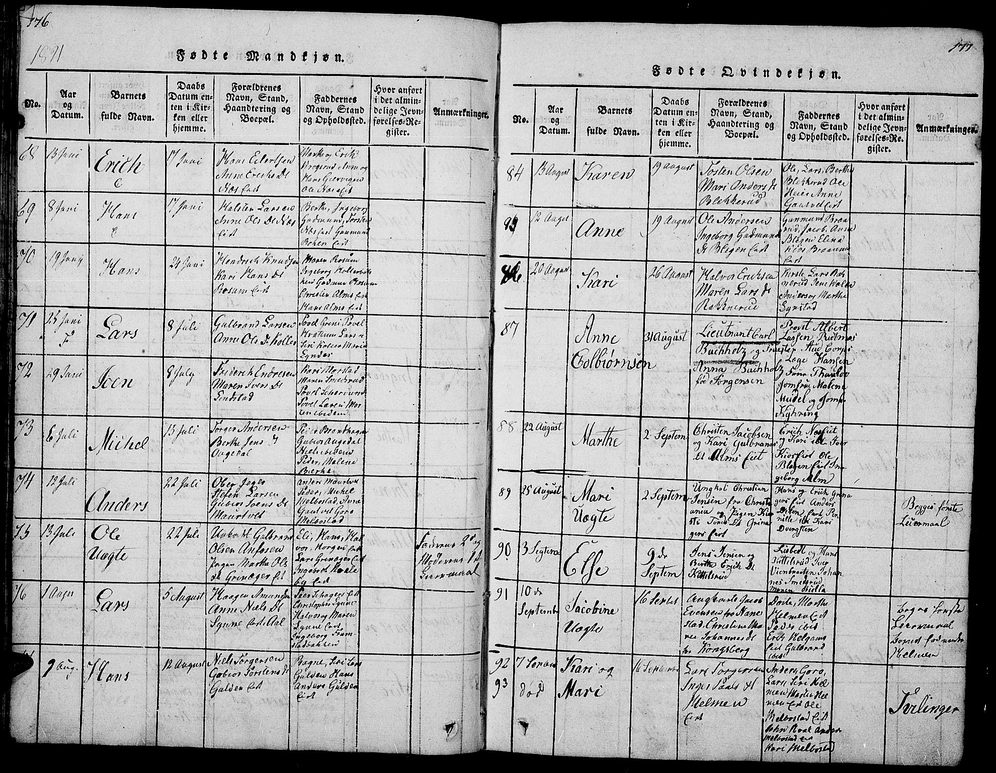 Gran prestekontor, SAH/PREST-112/H/Ha/Hab/L0001: Parish register (copy) no. 1, 1815-1824, p. 176-177
