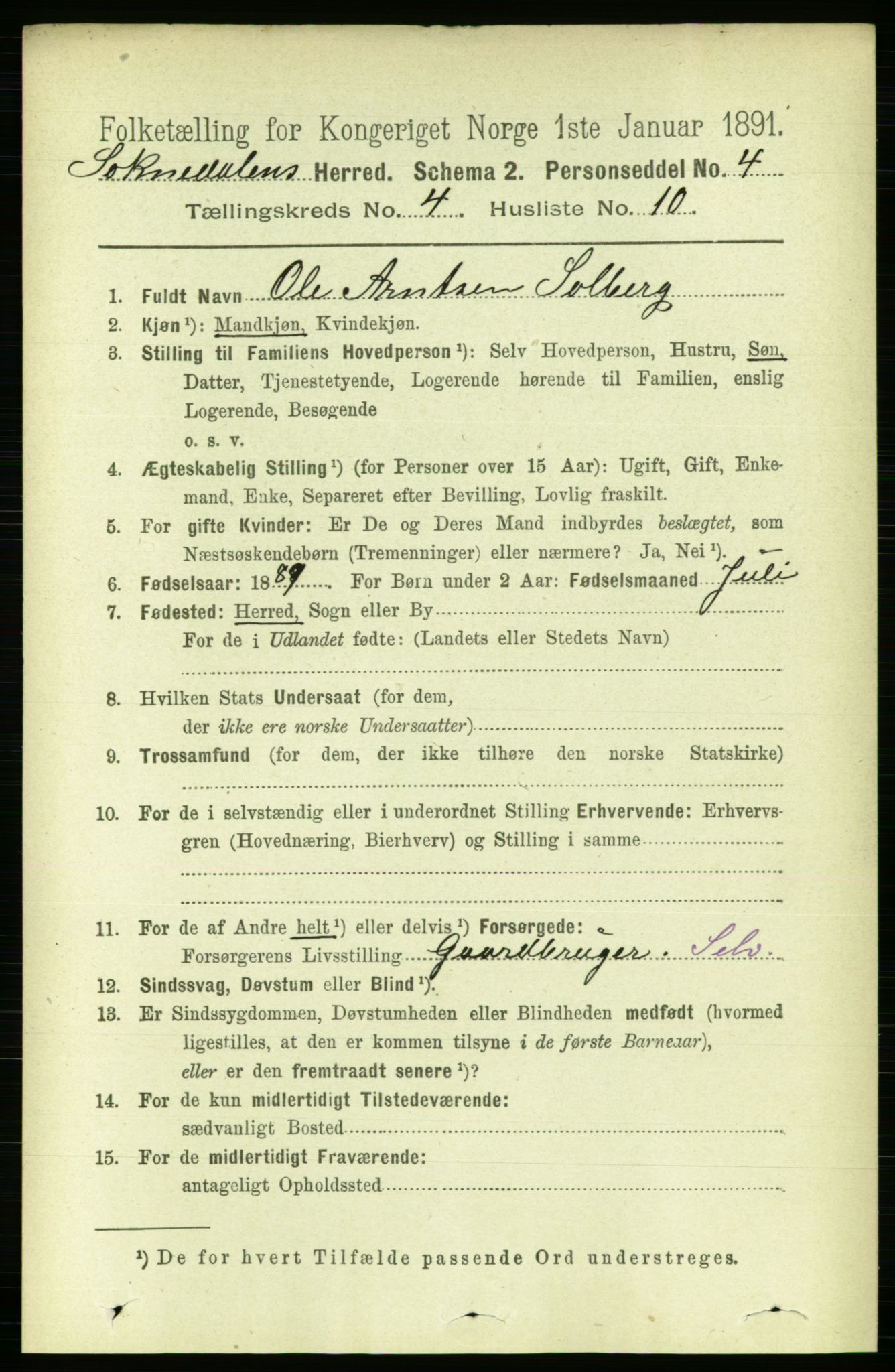 RA, 1891 census for 1649 Soknedal, 1891, p. 1665