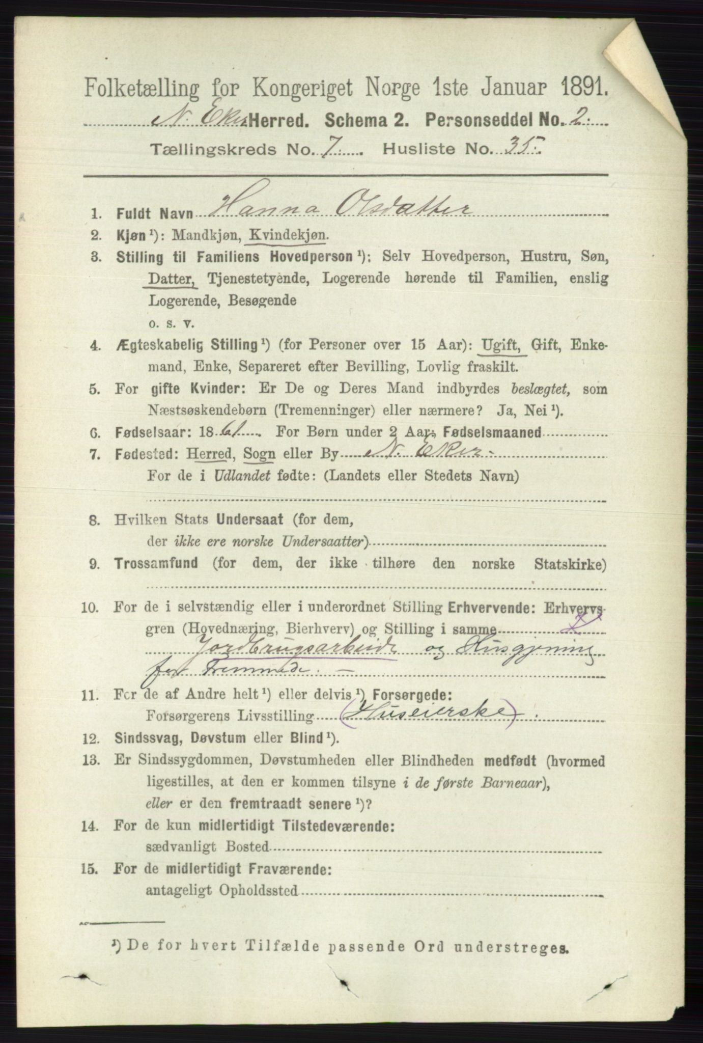 RA, 1891 census for 0625 Nedre Eiker, 1891, p. 3611