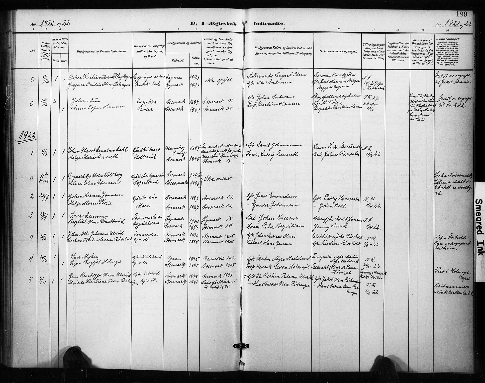 Aremark prestekontor Kirkebøker, AV/SAO-A-10899/G/Ga/L0002: Parish register (copy) no. I 2, 1901-1928, p. 189