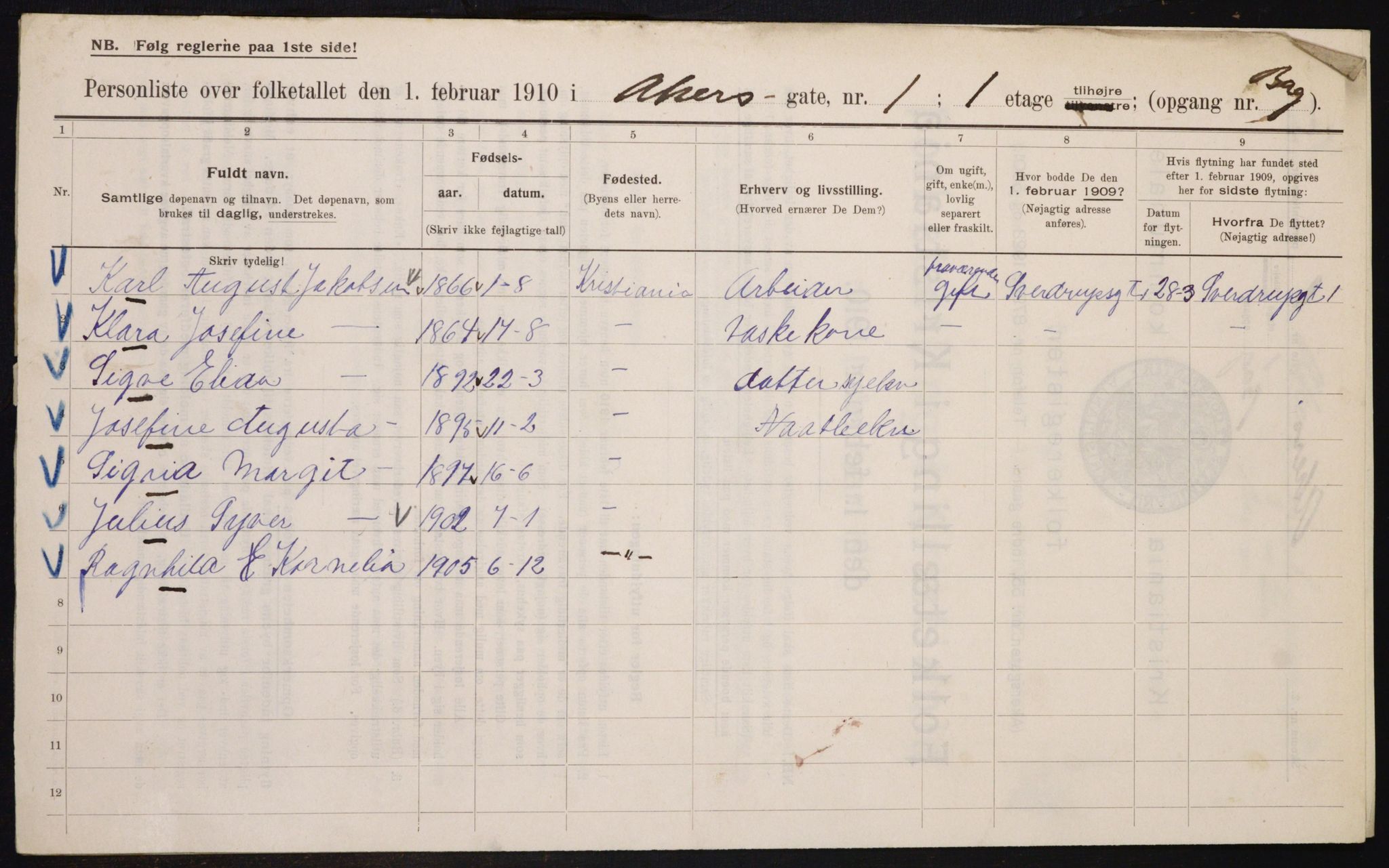 OBA, Municipal Census 1910 for Kristiania, 1910, p. 301