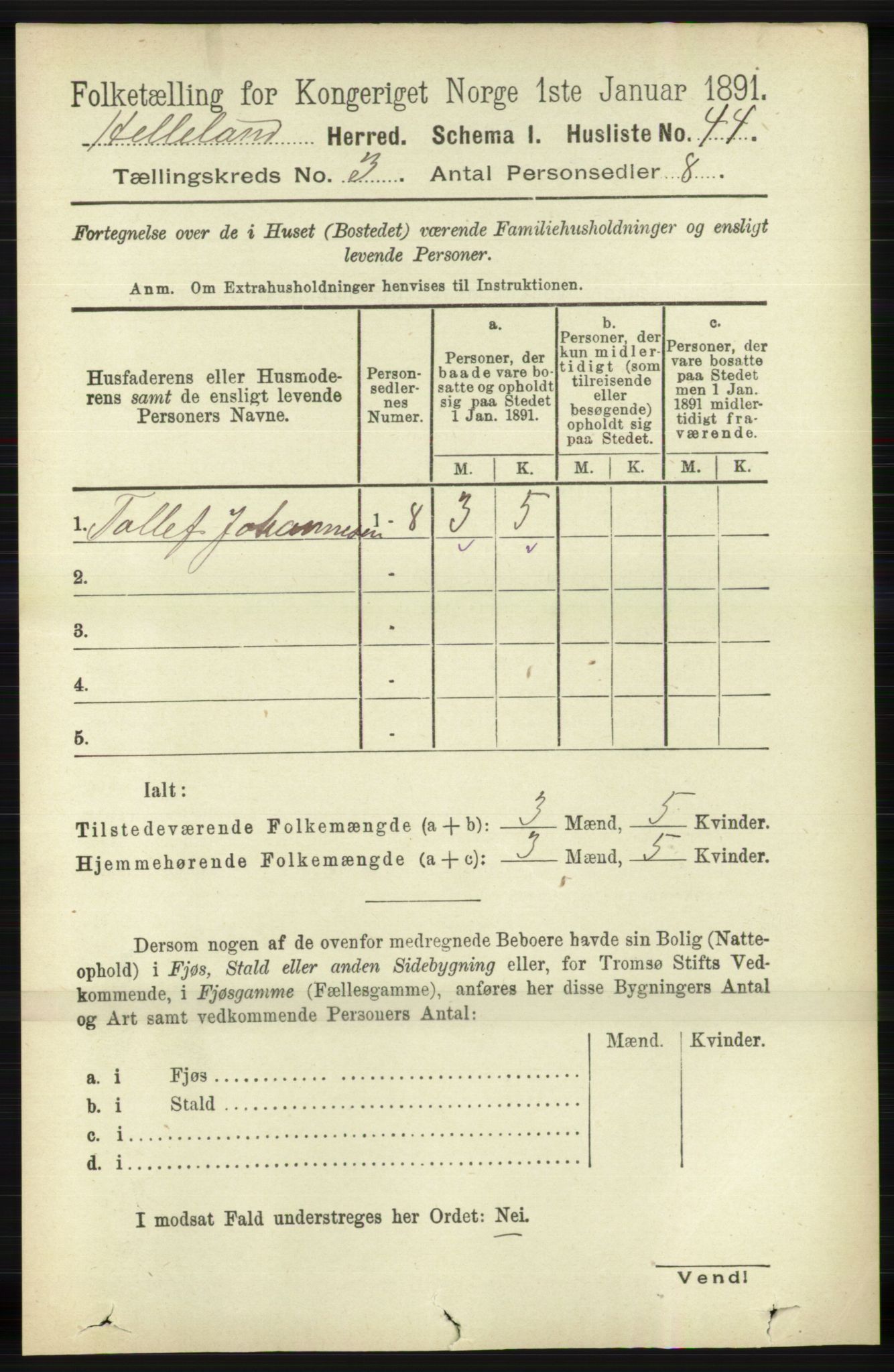 RA, 1891 census for 1115 Helleland, 1891, p. 833