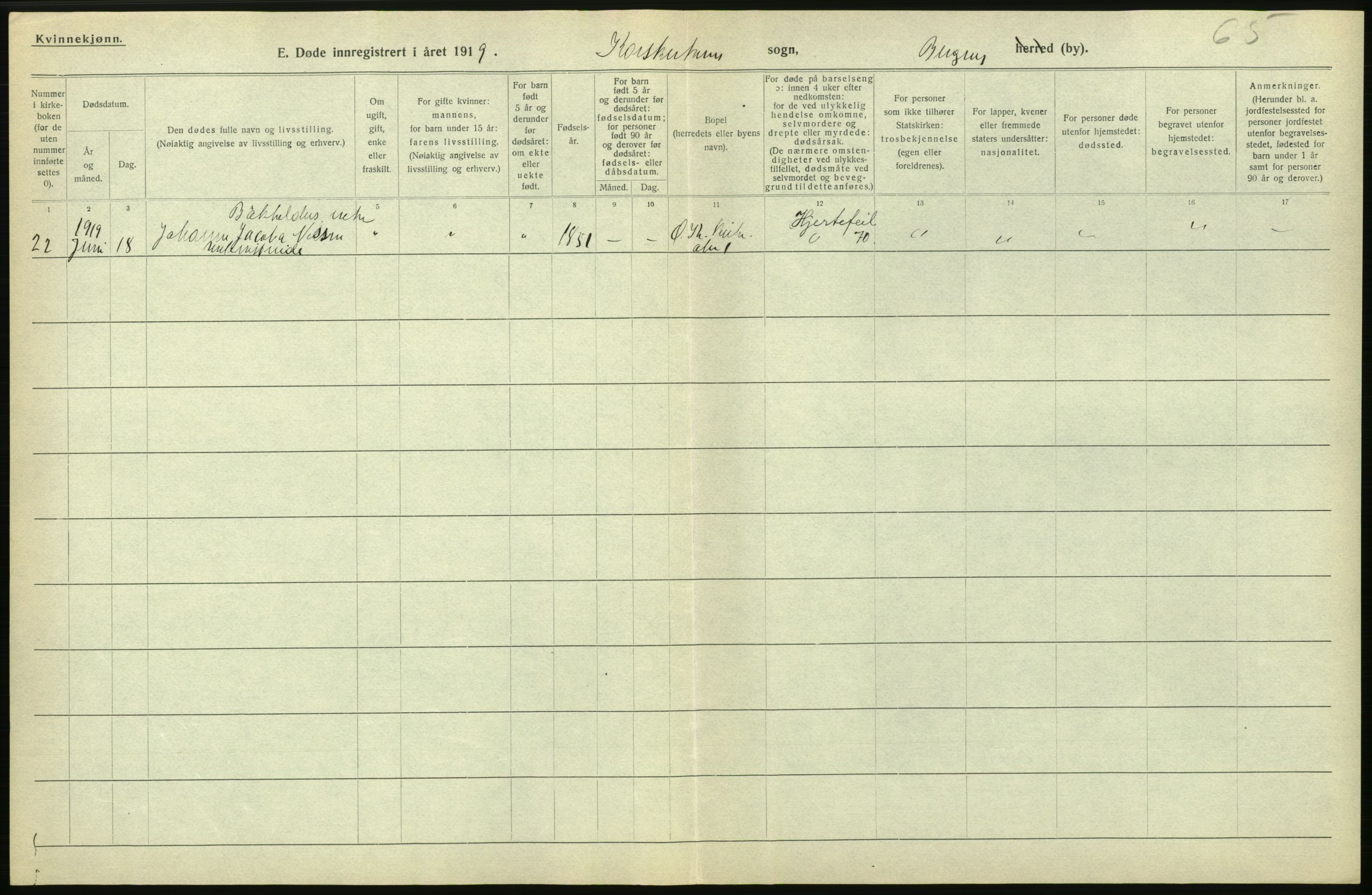 Statistisk sentralbyrå, Sosiodemografiske emner, Befolkning, RA/S-2228/D/Df/Dfb/Dfbi/L0035: Bergen: Gifte, døde, dødfødte., 1919, p. 644