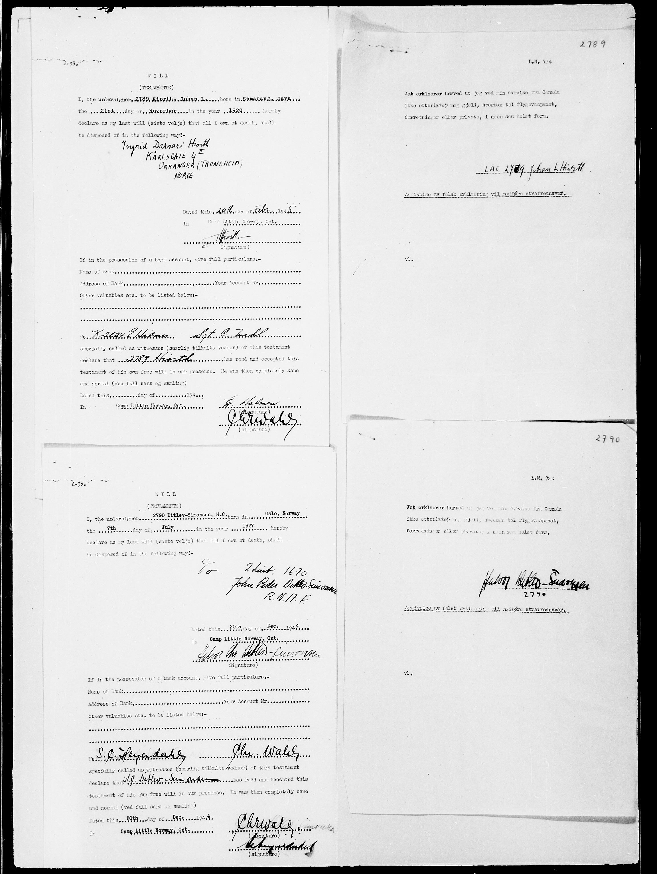 Forsvaret, Flyvåpnenes treningsleir 1940-1945, AV/RA-RAFA-3974/V/L0073b: Ekspedisjonskontoret.
Testamenter # 1 til 2868., 1940-1945