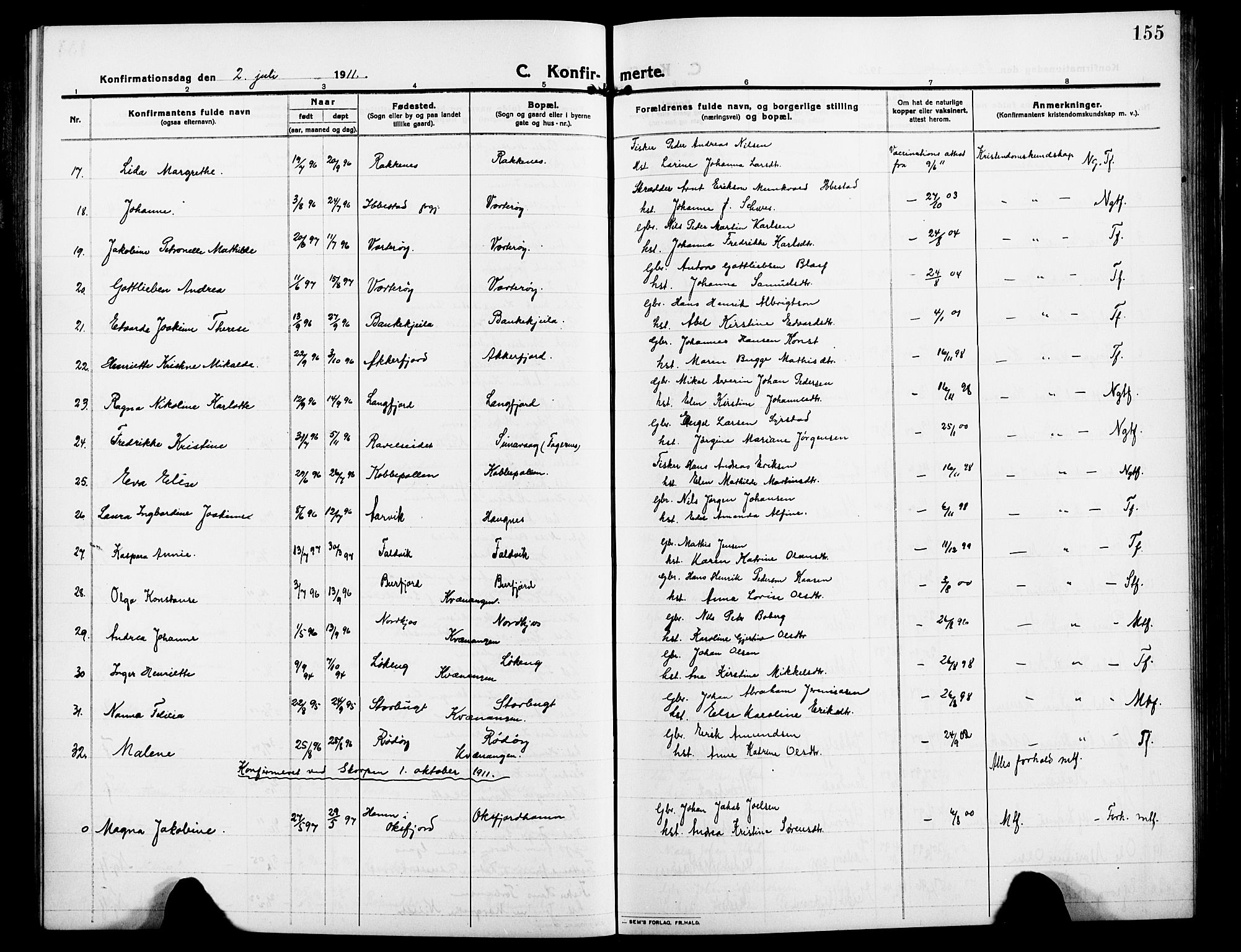 Skjervøy sokneprestkontor, AV/SATØ-S-1300/H/Ha/Hab/L0009klokker: Parish register (copy) no. 9, 1911-1926, p. 155