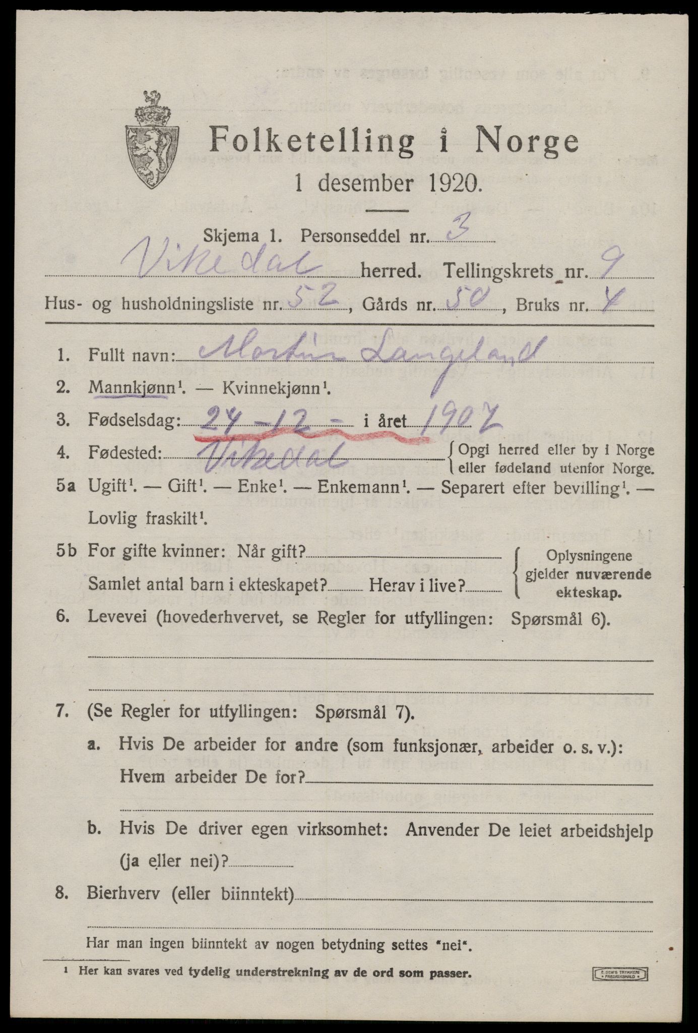 SAST, 1920 census for Vikedal, 1920, p. 3365